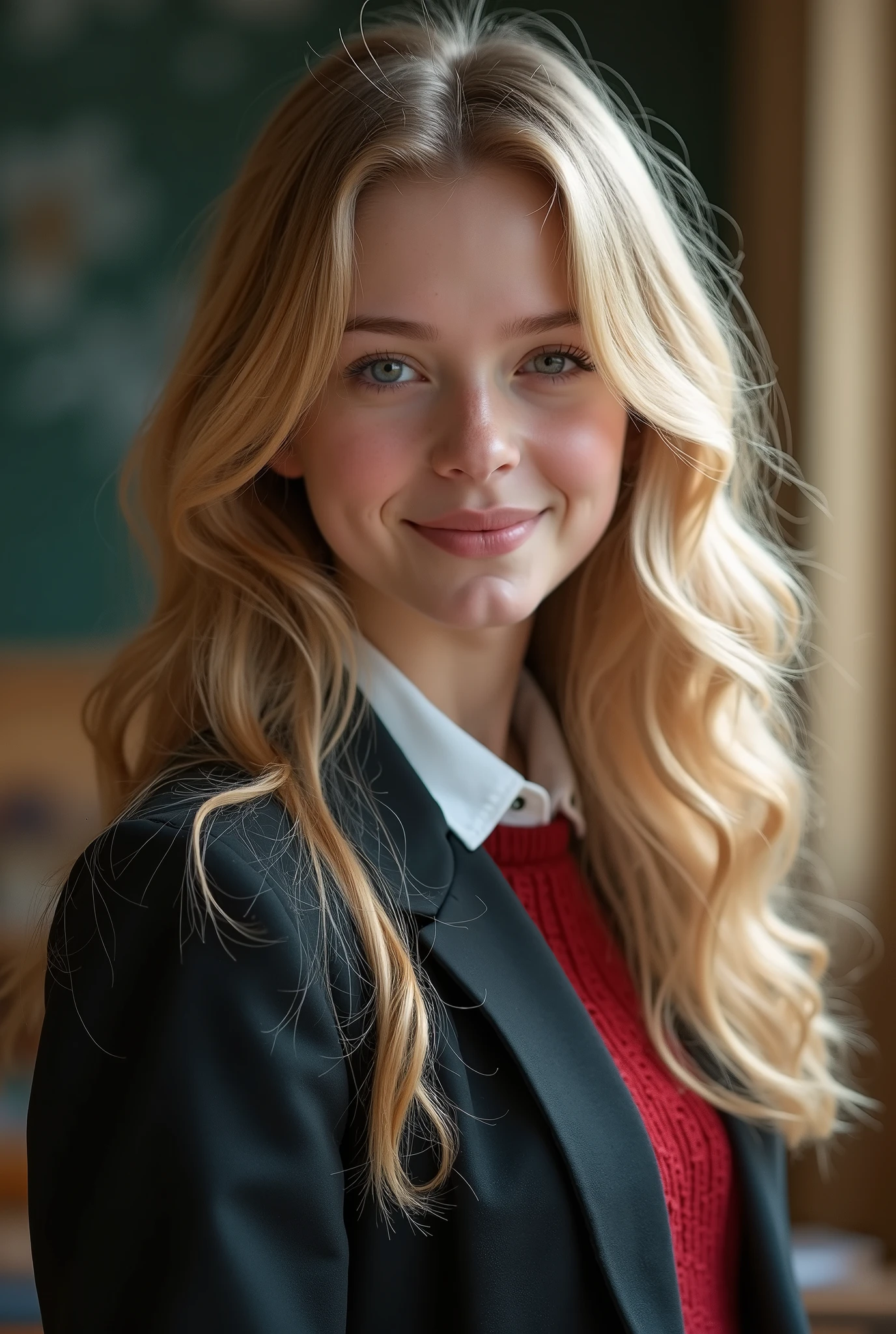 ( best quality,8K quality,​masterpiece:1.3),( super A high resolution, photorealistic:1.4, Original photo),( super detailed , caustics, detailed background),( Ultra Realistic Capture , beautiful detailed skin, perfect human body),classroom,18 years old, is cute ,Blonde ,  long wave hair ,  School Blazer Uniform,Looking at the camera,smile, bust up shot, natural soft light