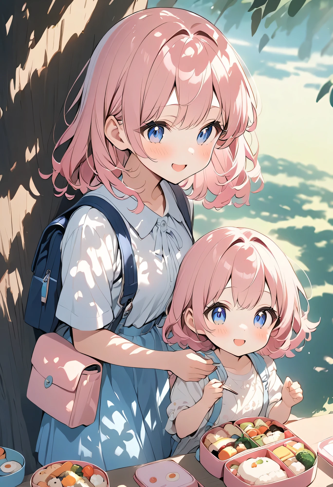 best quality、 high resolution、( high definition:1.2)、masterpiece、 detailed background、age beauty、End of Summer、 One day when the cicadas started getting quieter little by little 、( A girl on her way home from sat under a small shade of a tree and unwrapped her bento)、 When I opened the lid, there were two heart-shaped rice balls lined up 、 both have faces drawn and one side is smiling 、 the other is winking 、 the same from a distance The boy in the class came 、 the boy smiles shyly 「Lunch、I forgot to eat 」 while holding down his stomach 、 The girl thought about it for a moment and then 、 and held out one heart-shaped rice ball to the boy 、 The boy also laughed happily and received the rice balls with care 、(Boy and girl talking about summer vacation memories and school while eating bento together in the shade of a tree:1.5)、 the sky gradually began to turn the color of the sunset 、 is cute