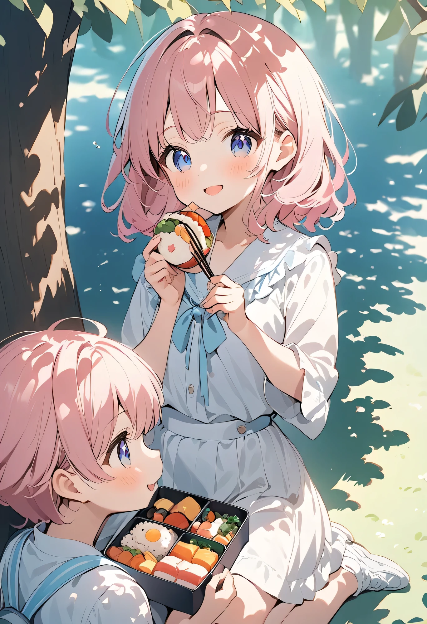 best quality、 high resolution、( high definition:1.2)、masterpiece、 detailed background、age beauty、End of Summer、 One day when the cicadas started getting quieter little by little 、( A girl on her way home from elementary school sat under a small shade of a tree and unwrapped her bento)、 When I opened the lid, there were two heart-shaped rice balls lined up 、 both have faces drawn and one side is smiling 、 the other is winking 、 the same from a distance The boy in the class came 、 the boy smiles shyly 「Lunch、I forgot to eat 」 while holding down his stomach 、 The girl thought about it for a moment and then 、 and held out one heart-shaped rice ball to the boy 、 The boy also laughed happily and received the rice balls with care 、(Boy and girl talking about summer vacation memories and school while eating bento together in the shade of a tree:1.5)、 the sky gradually began to turn the color of the sunset 、 is cute
