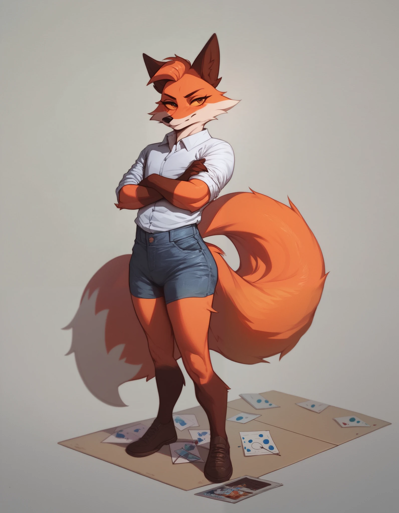 body masterpiece, best quality skirt, Fox
Pappy , girly, orange fur, brown snout, yellow sclera , long hairy tail, fondo degradado, arms crossed, looking at the spectator, full body