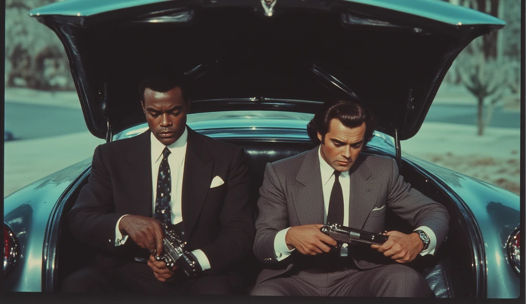  Jules Winnfield played by Sidney Poitier black. and Vincent Vega played by Marlon Brando, white and with long dark hair , wearing jacket and tie suits ,  taking guns out of the trunk of an old Cadillac , 1950s.  Seen from inside the trunk to their faces , Day image . retro 