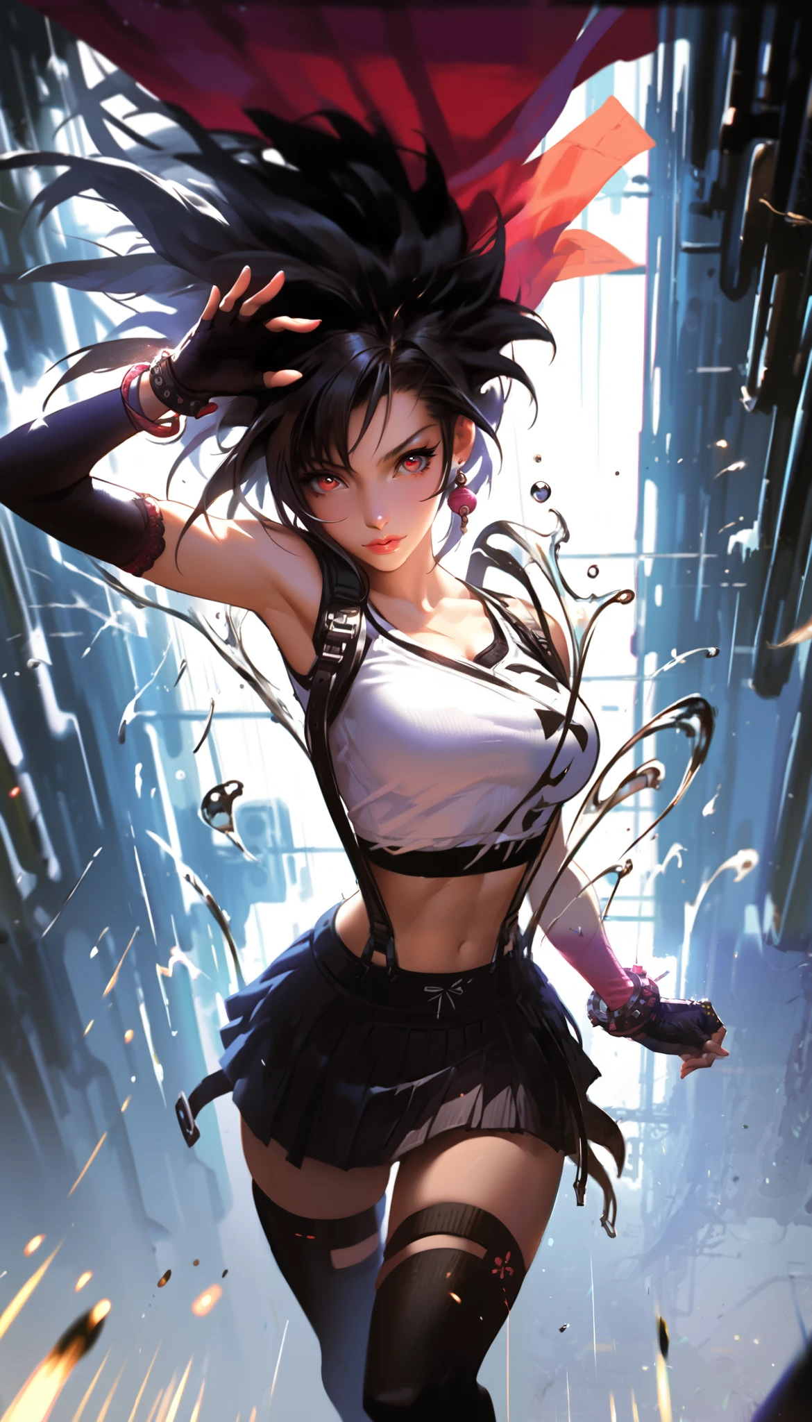 score_9, score_8_up, score_7_up, score_6_up, dark theme,sinozick style
hanaflans final_fantasy final_fantasy_vii final_fantasy_vii_rebirth final_fantasy_vii_remake tifa_lockhart english_commentary highres 1girl armpit_peek bare_shoulders black_gloves black_hair black_skirt black_sports_bra black_thighhighs bracelet breasts closed_mouth cowboy_shot crop_top elbow_gloves fingerless_gloves gloves hand_on_own_hip hand_up jewelry leaning_forward lips long_hair looking_at_viewer medium_breasts midriff miniskirt navel one_eye_closed open_hand pink_lips pleated_skirt red_eyes single_arm_guard single_sidelock skirt smile solo sports_bra suspender_skirt suspenders swept_bangs tank_top thigh highs kneepits crop top crop top pull zettai_ryouiki, fighting stance, sexy legs, dynamic pose, dynamic camera, from below, Splash screen art