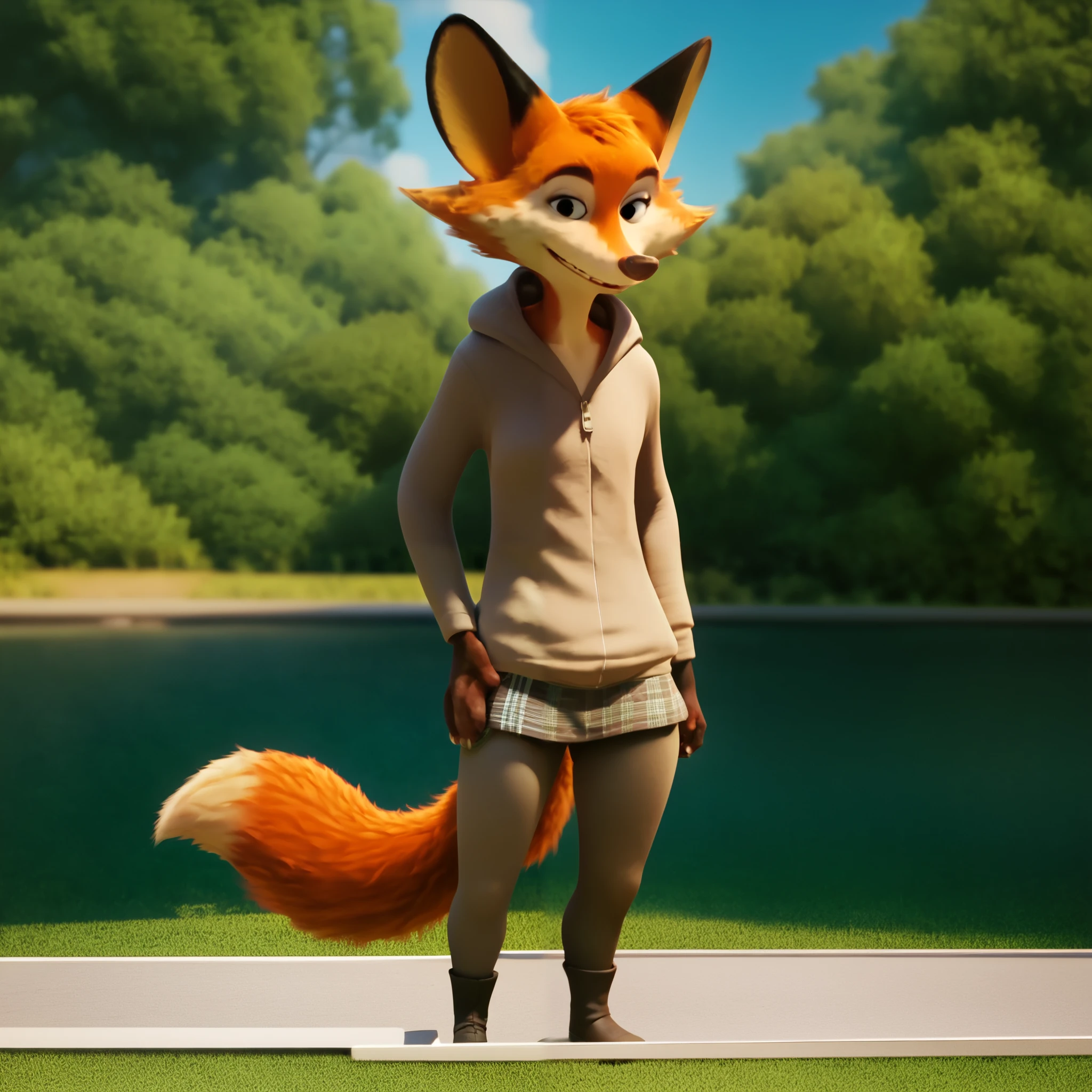 hairy, Fox ears, wide hips, al aire libre, smiling, black eyes, looking at the spectator, full body, standing, Long and hairy tail