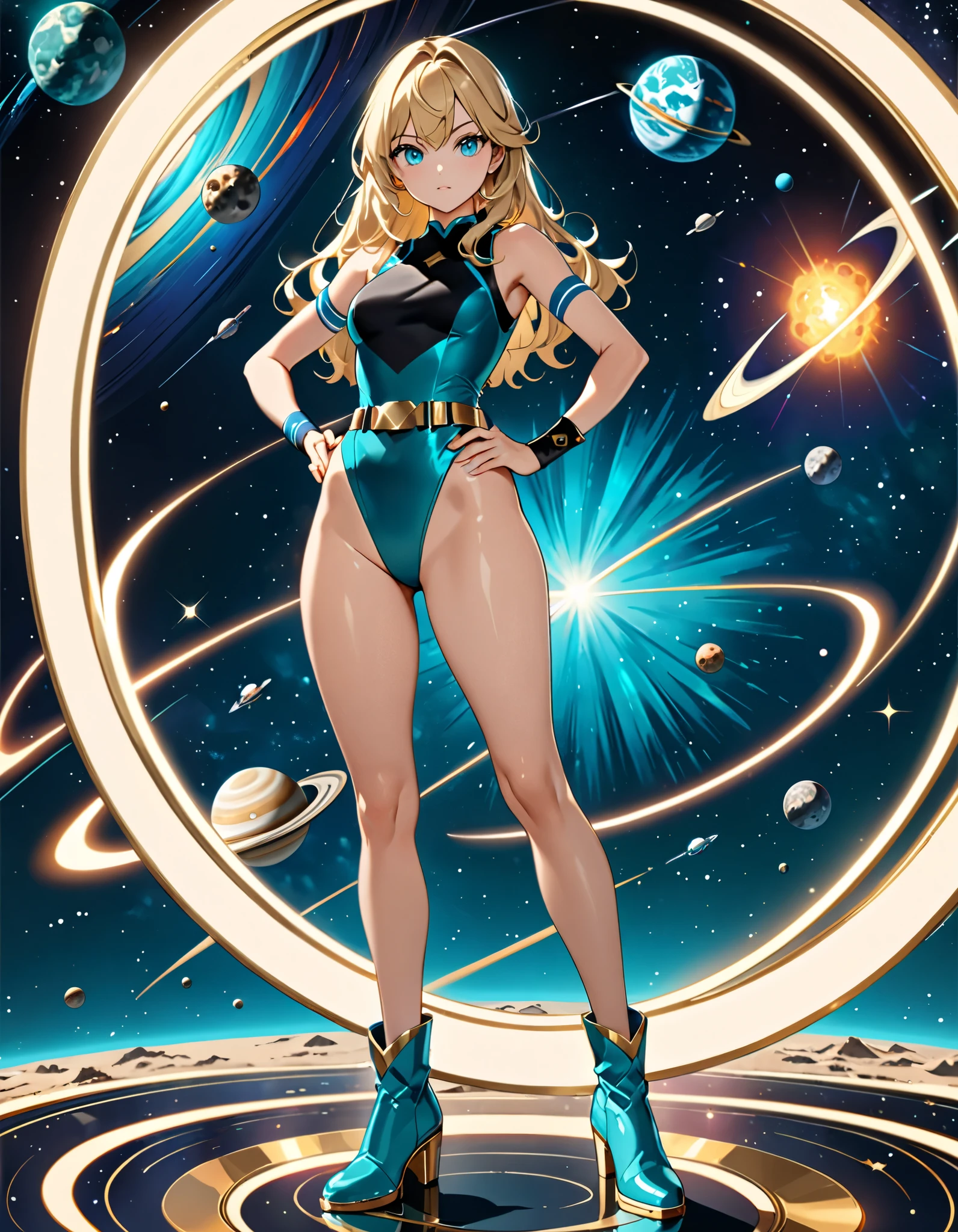 masterpiece, best quality, upper body, 1girl, superhero, leotard, bare legs, boots, matching boots, medium breasts, light particles, aura, blue aura, stand, standing, highleg, space backdrop, hand on hip, blonde hair, long hair