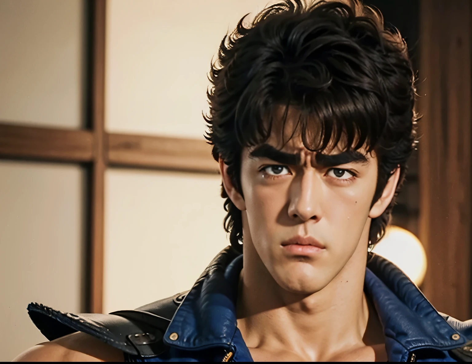 From front,, (( Kenshiro's Hairstyle , Short messy hair)), Brown Hair, thick eyebrows, (tears)
crying