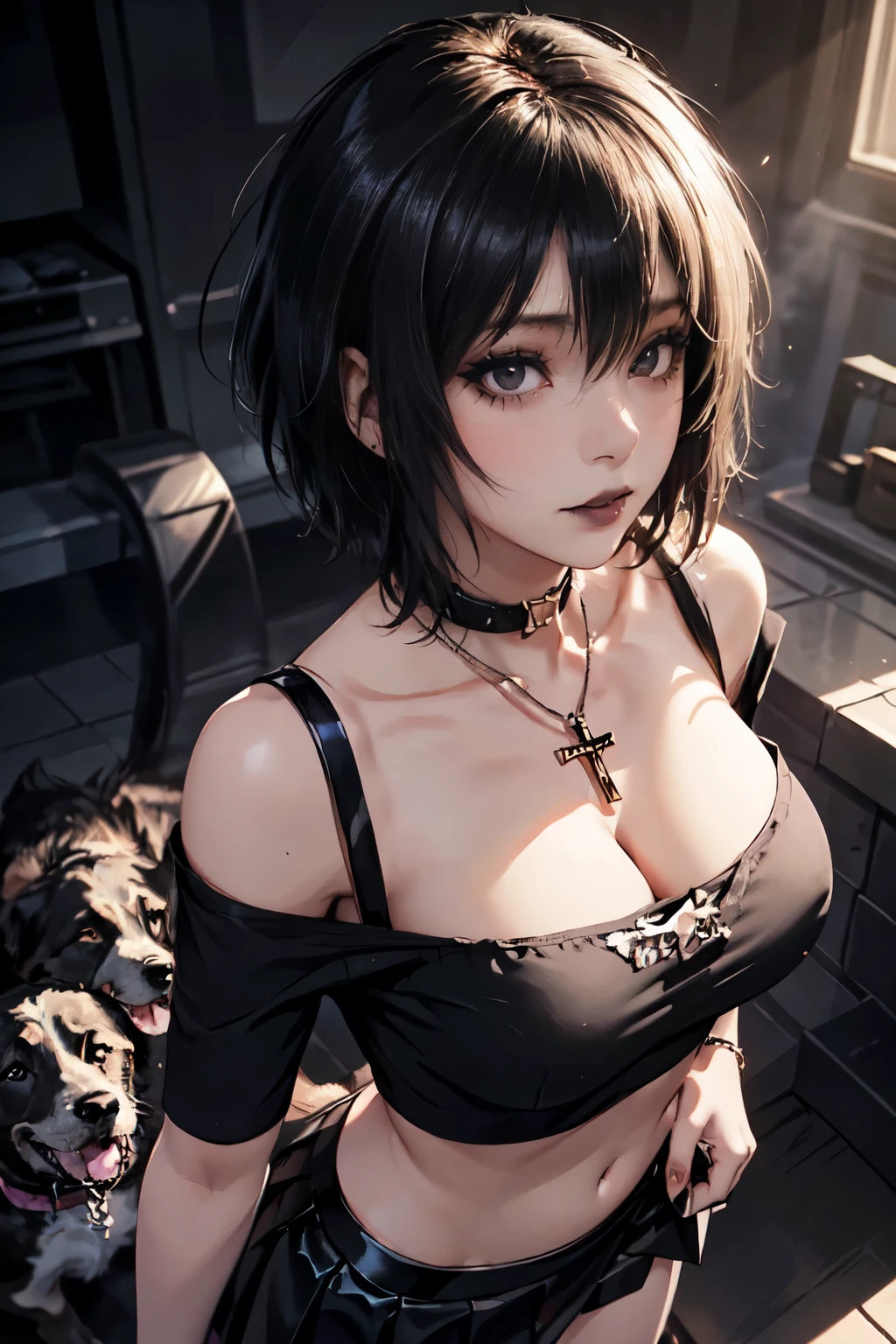 Girl, woman, emo_hairstyle, black lipstick, smocky eyes, dog collar, eyeliner, eye shadow, realistic lighting, short hair, seductive look, Big breast. Cleavage. Race queen. Standing up.