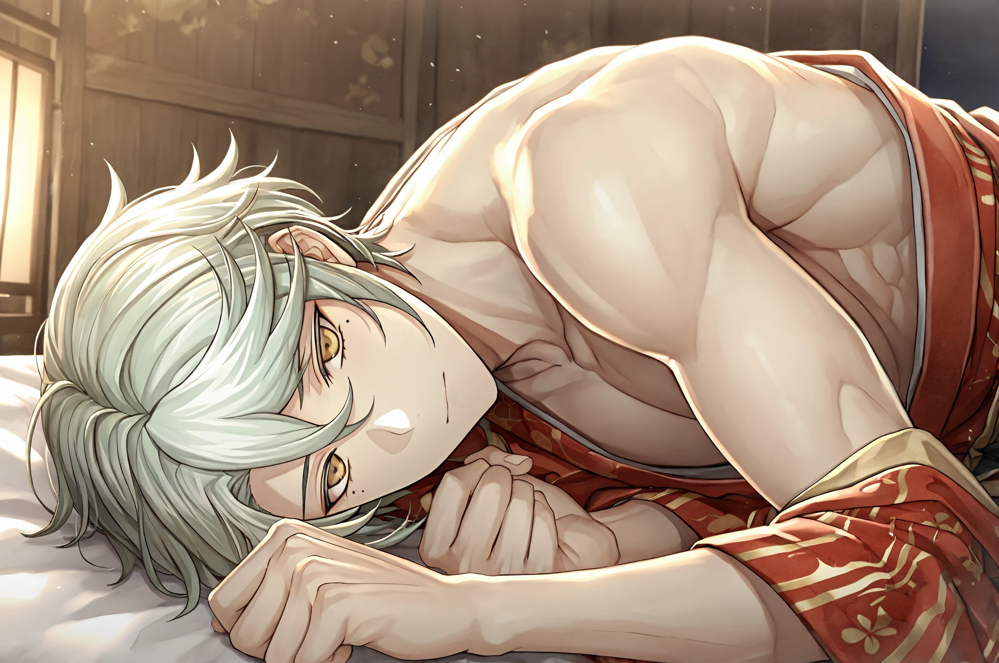 1guy, nude, abs, blonde hair, purple eyes, purple highlights, best quality, highres, Vil Schoenheit, soft smile, blushing, lying on bed, red rose petals, starry night, night background, masterpiece