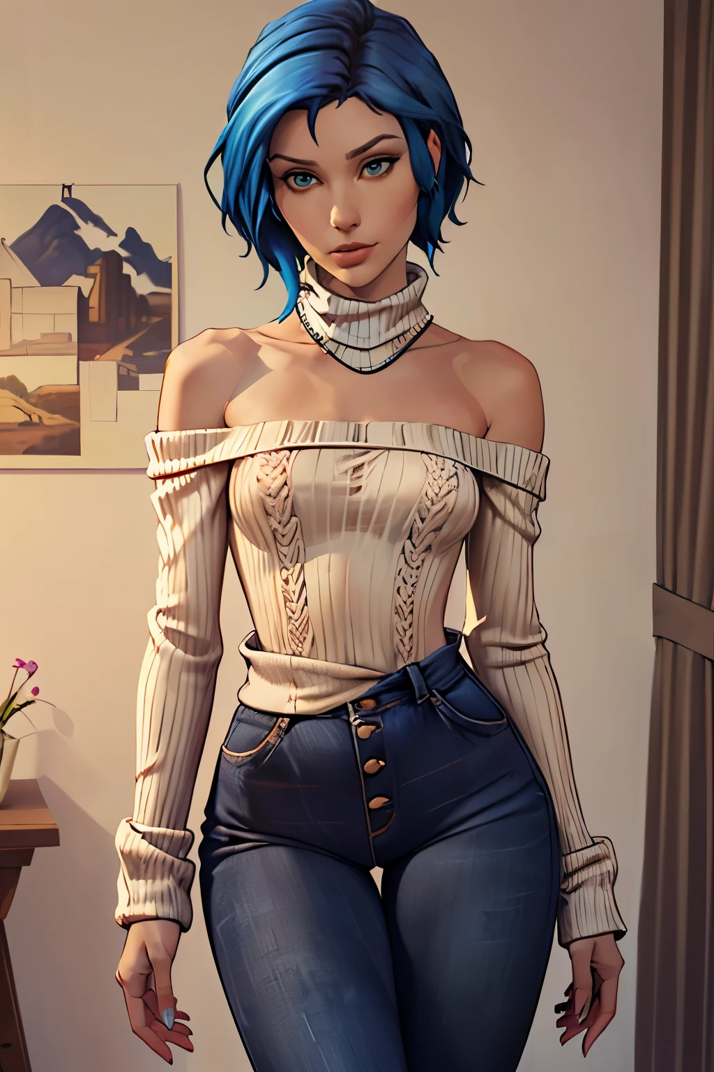 UHD, 16k, Masterpiece, top quality,  (( Animation, Wearing a cream off-the-shoulder knit sweater and brown high-waist pants, the sweater features a slightly baggy fit, puff sleeves, and small button details near the neckline, blue hair is simple to style, a pleasant expression, )) ((seductive pose)) 