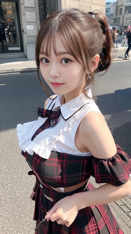 The scenery is a street lined with summer clothing stores. Meanwhile, a young girl is standing with a smile. She wears an open blouse with white ruffles, which also has a white ribbon. Wearing a pleated skirt with red tartan check. Her hair is twin-tailed with thick bangs and is aligned. Large breasts are noticeable. The girl is looking around with a curious expression and seems to be preparing for a new adventure. With details that are exquisitely reproduced down to the smallest detail, please express her expression and even the texture of the fabric of the clothes. In the highest quality, draw a full-length picture of her as a fashionable, fashion snap model.