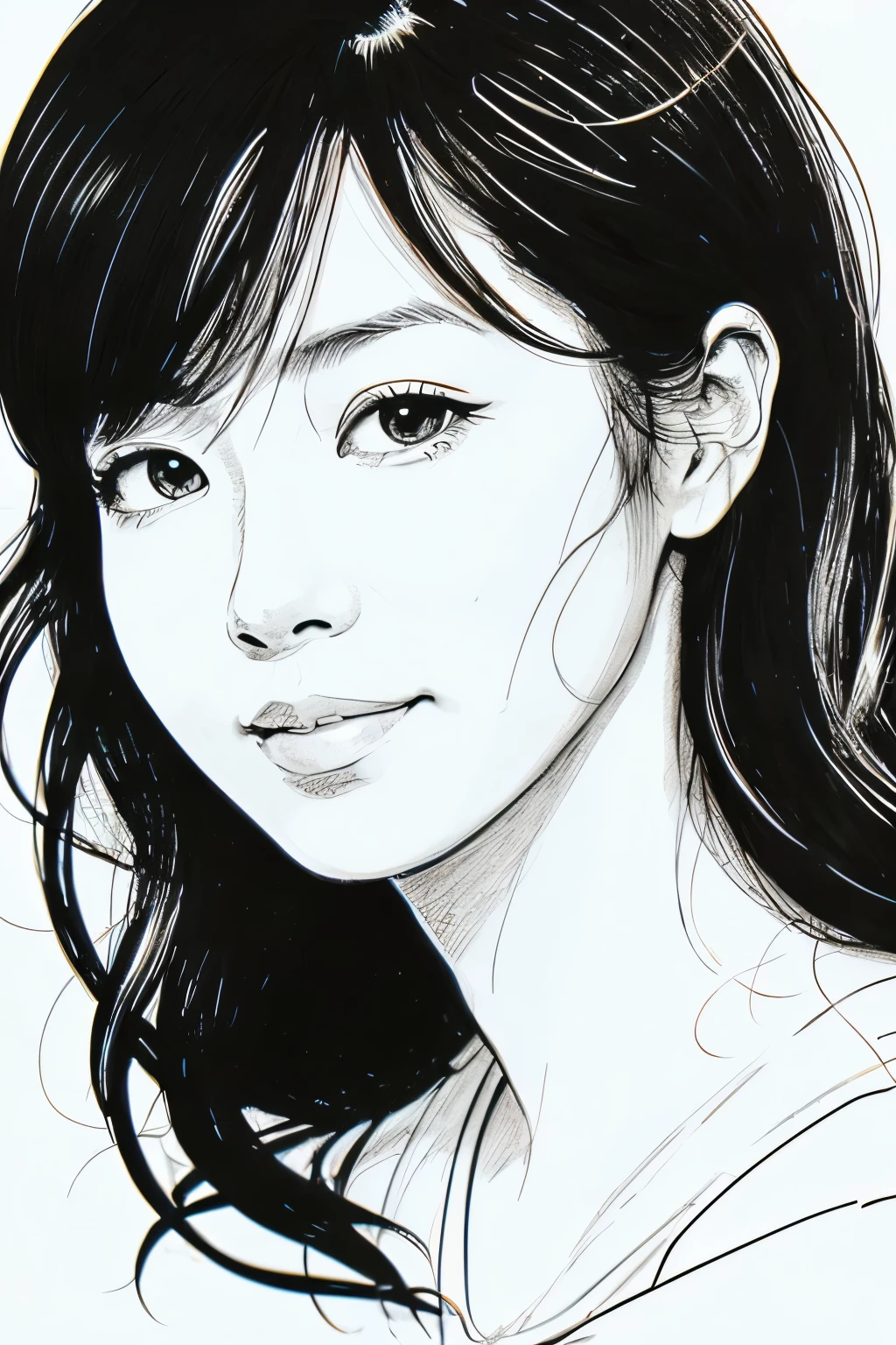 (best quality, high resolution, masterpiece:1.2), Super detailed, actual:1.37, (black ink sketch of Japanese woman:1.5), black ink sketch, smooth lines, Expressive facial expressions and gestures, simple background, Emphasis on light and shadow and spatial perception, Abundant negative space, young girl,ink portrait,smooth lines,expressive facial features,Subtle emotions,Ink strength comparison,simple background,Emphasis on light and shadow,spacious,Abundant negative space,peaceful atmosphere,peaceful atmosphere,dreamy mood,Subtle yet charming details,pastel colors,Calm and introspective,elegant gesture,Gentle movements,Gentle and innocent,elegant whisper,Quiet and elegant,shining,sublime beauty,Vector illustration,black and white,Natural and organic,nourishing and calming,Sublime simplicity,Ethereal charm.