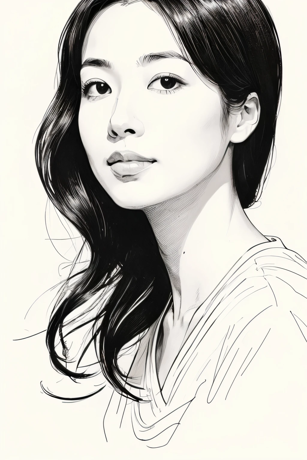 (best quality, high resolution, masterpiece:1.2), Super detailed, actual:1.37, (black ink sketch of Japanese woman:1.5), black ink sketch, smooth lines, Expressive facial expressions and gestures, simple background, Emphasis on light and shadow and spatial perception, Abundant negative space, young girl,ink portrait,smooth lines,expressive facial features,Subtle emotions,Ink strength comparison,simple background,Emphasis on light and shadow,spacious,Abundant negative space,peaceful atmosphere,peaceful atmosphere,dreamy mood,Subtle yet charming details,pastel colors,Calm and introspective,elegant gesture,Gentle movements,Gentle and innocent,elegant whisper,Quiet and elegant,shining,sublime beauty,Vector illustration,black and white,Natural and organic,nourishing and calming,Sublime simplicity,Ethereal charm.