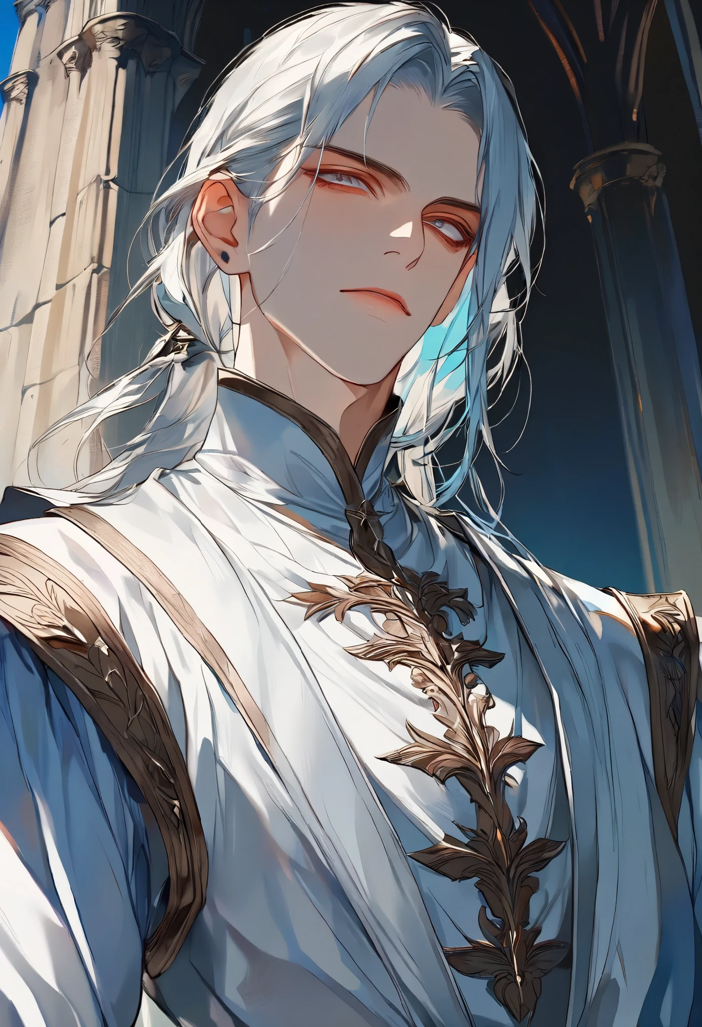 Handsome male, 1male,Man in medieval europe clothes, medieval europe style, Strong shoulder width, human, simple hairstyle, gentleman style,A man in his 30s with shy expression, detailed background, (masterpiece:1.21),(bestquality:1.21),8k,high detailed,ultra-detailed,anime semi-realism, image with a third-person view, highly detailed illustration,  face through torso, solo,physically-based rendering,depth of field,(low saturation:1.3),(1boy;1.4:1.1),a male,silm,Real Skin Texture,White Marble Glowing Skin,model(random_color_clothing:1.45),(random stylish pose action:1.1), (random view shot)