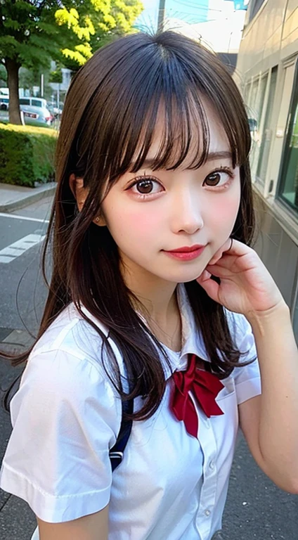 (smile:1.2),long hair,RAW portrait of (japanese woman),30 years old,photorealistic,ultra high res,best quality,masterpiece,
BREAK
(face focus:1.5),(front:1.3),(looking at viewer:1.2),brown eyes,(thin eyebrows:1.2),(diagonal bangs),
BREAK
(hand on own chest:1.1),(school uniform:1.1),(white short sleeve shirt:1.3),(red bow tie:1.2),(medium :1.2),(brown_plaid_pleated_long_skirt),
BREAK
(hotel room),(luxury),(city night view),(night sky),closed big window,