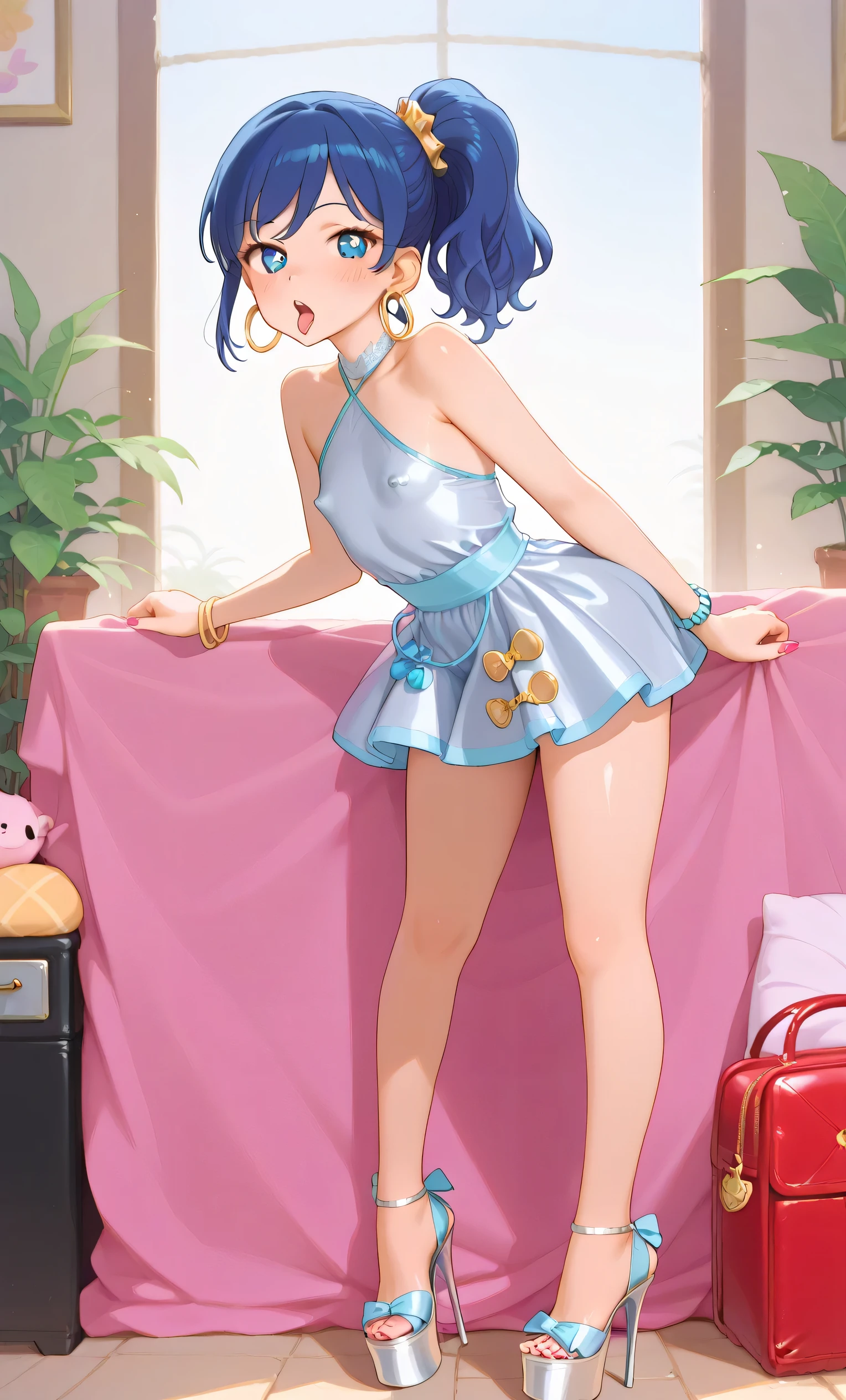 Aoi Kiriya, blue hair, blue eyes, side ponytail, 1 girl, 2025, {{huge hoop earrings}}, covered nipples, {{puffy nipples}}, nipple rings,, thick mounds, drawstring, cameltoe, viewer looking, evening dress, silver dress, halter dress, platform heels, {{{necked pose}}}, oral invitation, jewelry, bag, manicure, bracelet, {{huge hoop earrings}}, sanpaku eyes, bending forward, blow job face, short hair, ponytail, side hair, {{tight }}, symbol pupil, QOS tattoo,
