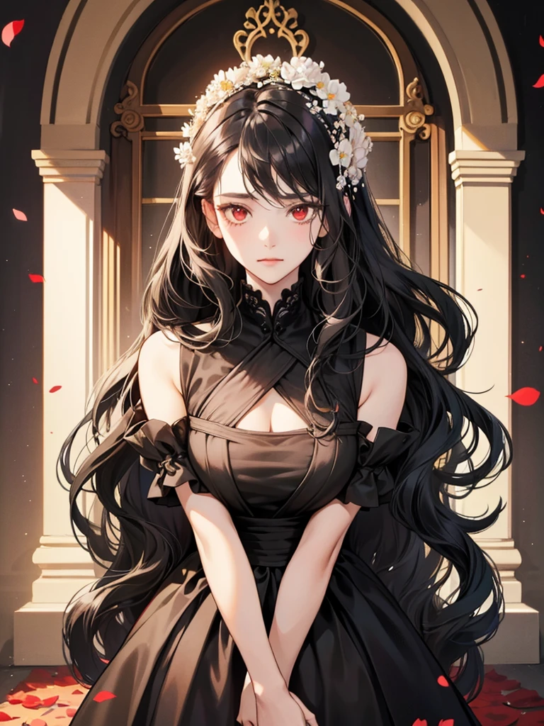 woman, red eyes, black long wavy hair, noble, wearing flower on her head. background in mansion. wearing flower decorations on the sides of her hair. wear fancy western dress. she is Princess