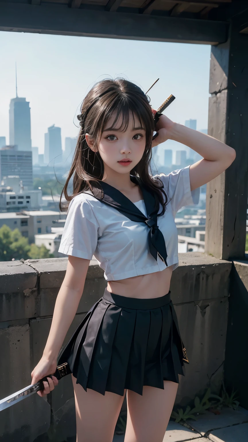 8k,cinematic lighting,top-quality,Top image quality,masterpiece,best quality,depth of field,ultra-detailed,from fr,Standing,mideum shot,full body,1girl,Japanese,32 years old,(Gyaru:1.2),(Black hair,very short messy bobcut:1.2),(Oval light brown cell frame glasses:1.2),detailed brown eyes,(slender body:1.2),((flat chest:1.5)),slightly large hip,(tanned skin), (School Rooftop:1.1),sunset,magic hour,smile,(blushing:1.4),(short-sleeved JK_sailor),JK_style,(dark blue JK_skirt) ,(bow JK_tie),JK_style,JK_suit,skirtlift,