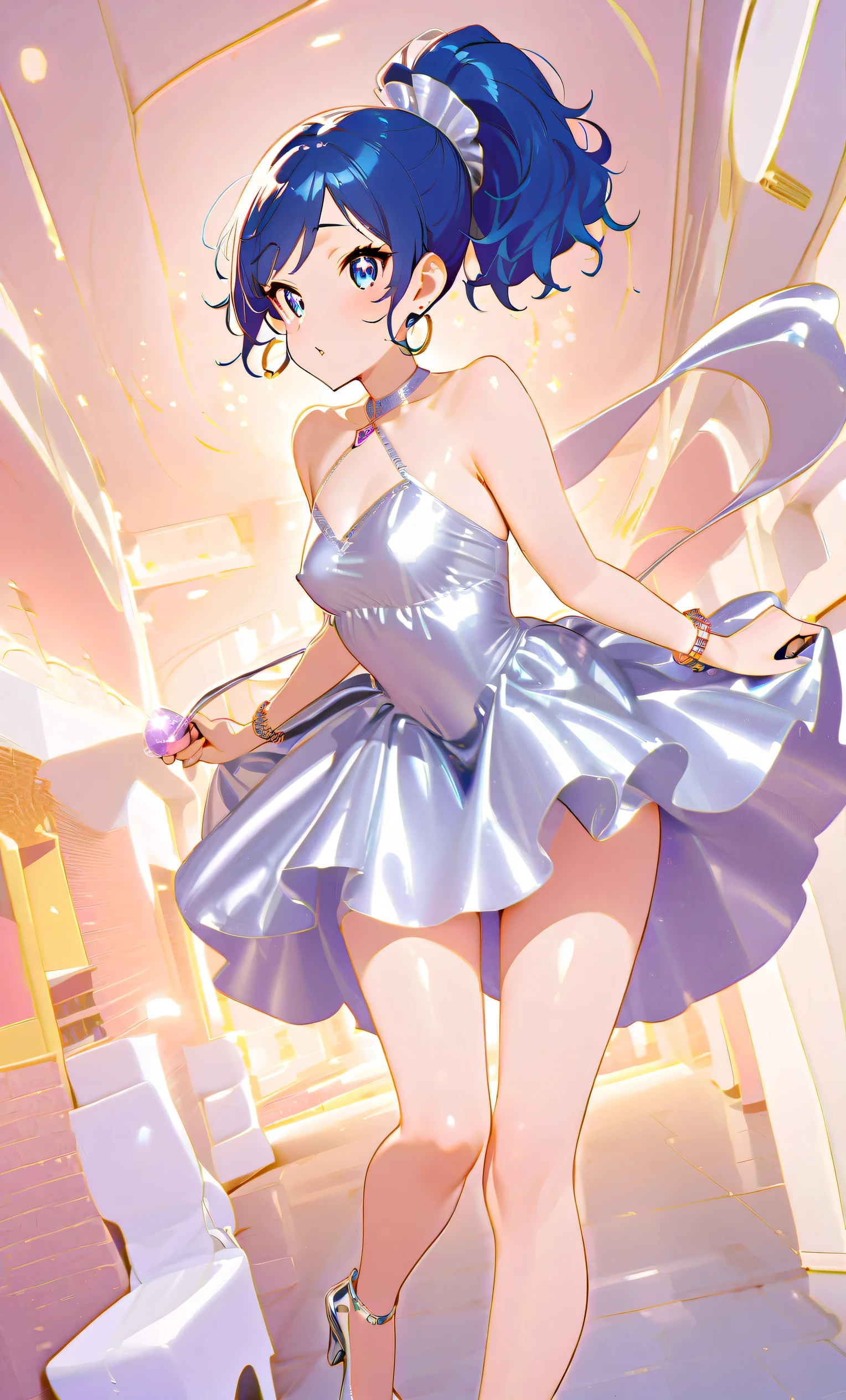 Aoi Kiriya, blue hair, blue eyes, side ponytail, 1 girl, 2025, {{huge hoop earrings}}, covered nipples, {{puffy nipples}}, nipple rings,, thick mounds, drawstring, cameltoe, viewer looking, evening dress, silver dress, halter dress, platform heels, {{{necked pose}}}, oral invitation, jewelry, bag, manicure, bracelet, {{huge hoop earrings}}, sanpaku eyes, bending forward, blow job face, short hair, ponytail, side hair, {{tight }}, symbol pupil, QOS tattoo,