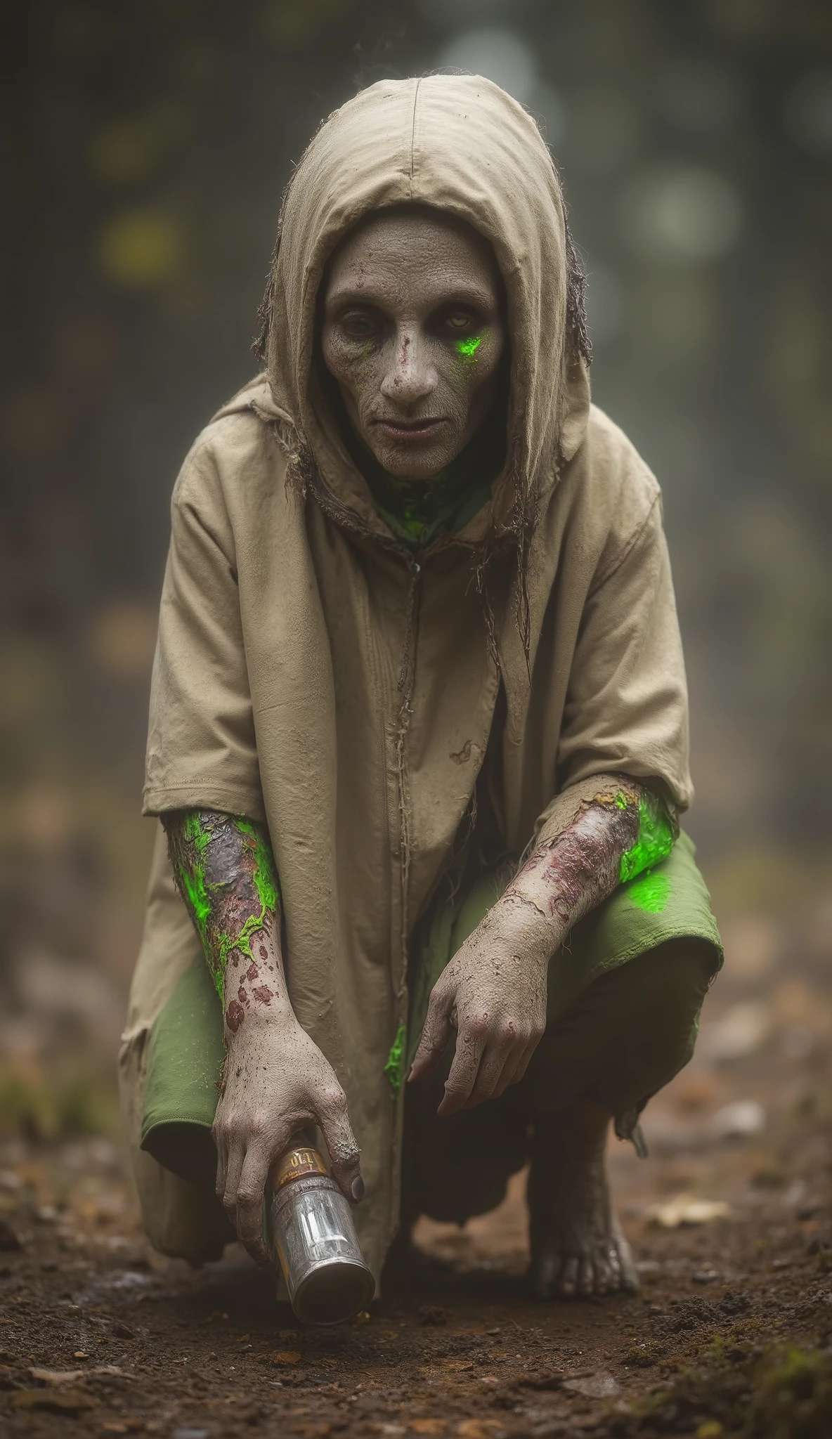 A sickened Martian citizen in mars, their skin pale with glowing green veins visible beneath, eyes sunken and filled with desperation, wearing a torn protective suit and clutching a small vial as they stumble through a quarantined area