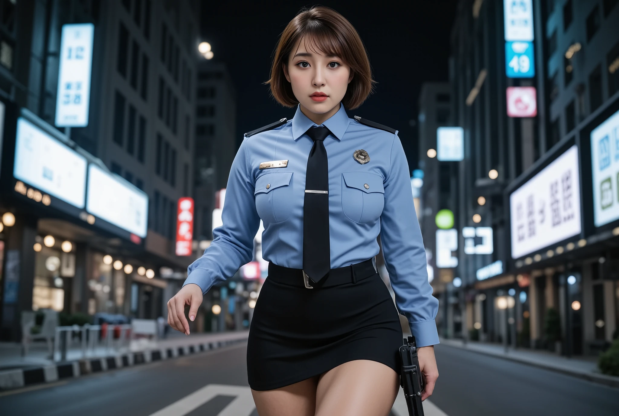 (One female police officer), The ultimate beautiful mature woman,   hairstyle  ,  detailed eyes ,  double eyelids , Lips Detail,   short brunette hair  , (  light blue fancy blouse ), ( black tight miniskirt ), smile,  thighs thighs thighs thighs,  are standing, (( cowboy shooting)),  allows depth of field,  perfect lighting, ( photorealistic:1.4), ( more details), ( best quality), (Best Shadow), (​masterpiece),   super high resolution,  Background and : (cyberpunk city:1.5), (((night:1.5))),