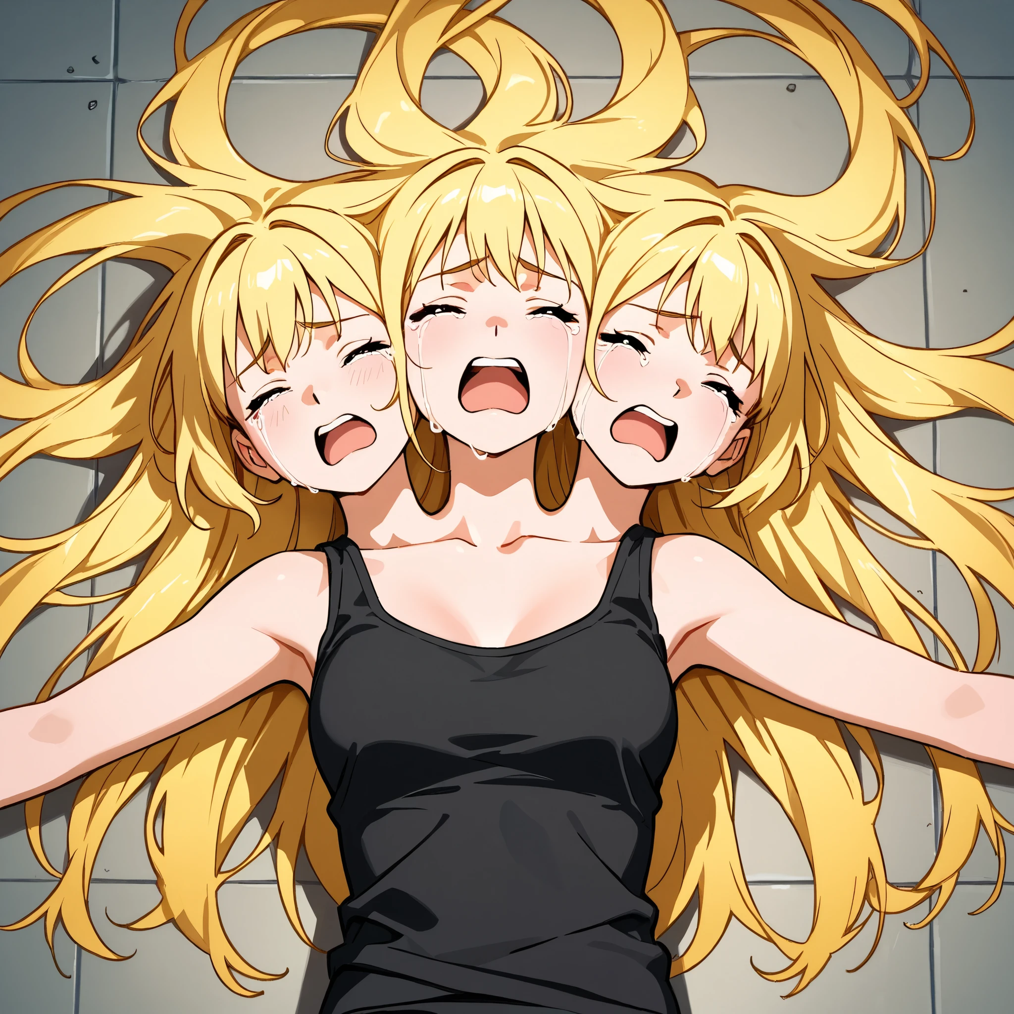 anime girl with three heads, conjoined, long blond hair, eyes closed, open mouth, crying, lying on the floor, black tank top, arms spread out, view from above