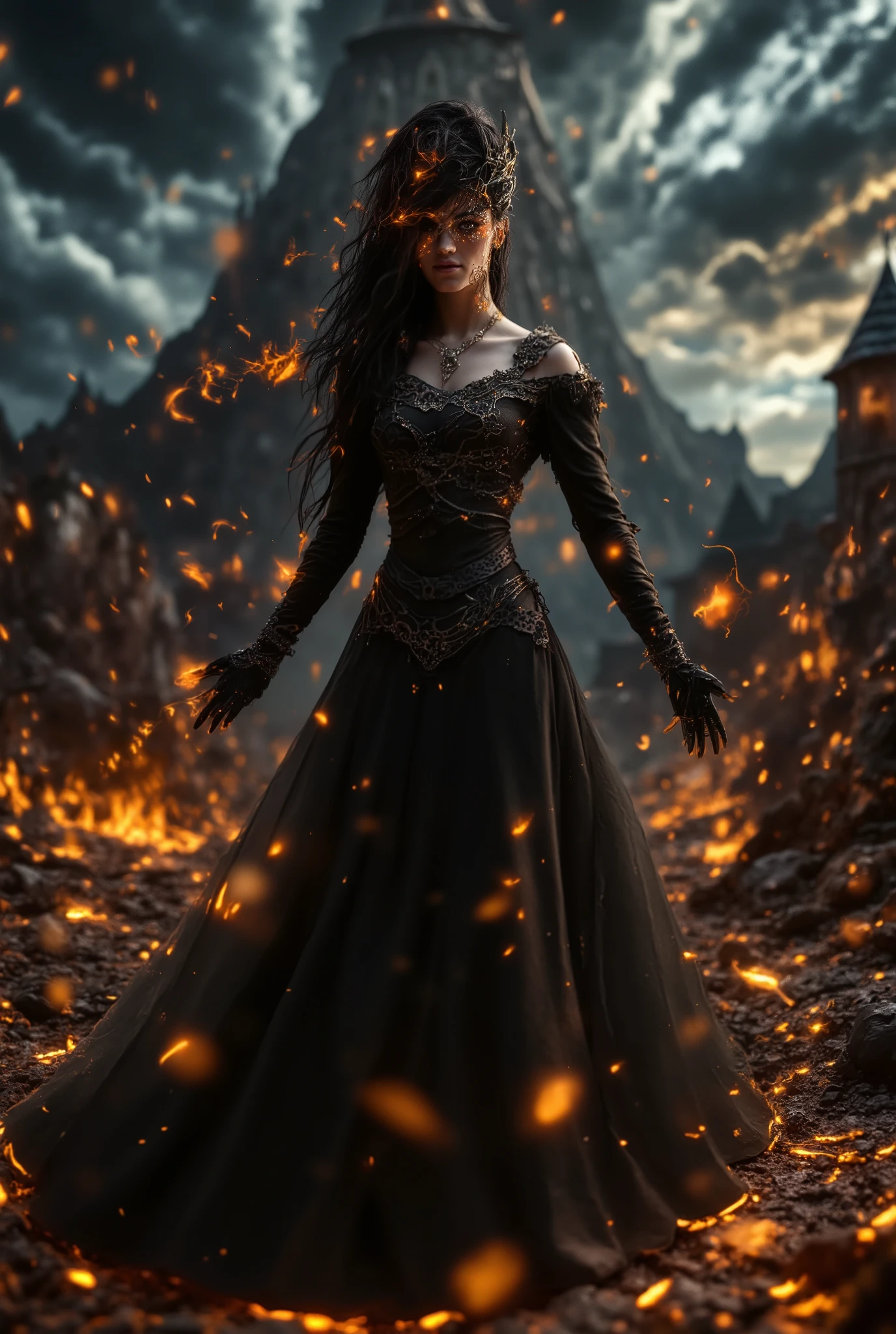 Art, full body shot, a young beautiful female witch, detailed face and eyes, beautiful long hair, alien planet with strange sky, magic spells, sorcery, dark fantasy, intricate detailed background, glowing magical energy, dramatic lighting, sci-fi, (best quality,4k,8k,highres,masterpiece:1.2),ultra-detailed,(realistic,photorealistic,photo-realistic:1.37), aidmafluxpro1.1,aidmaHyperrealism