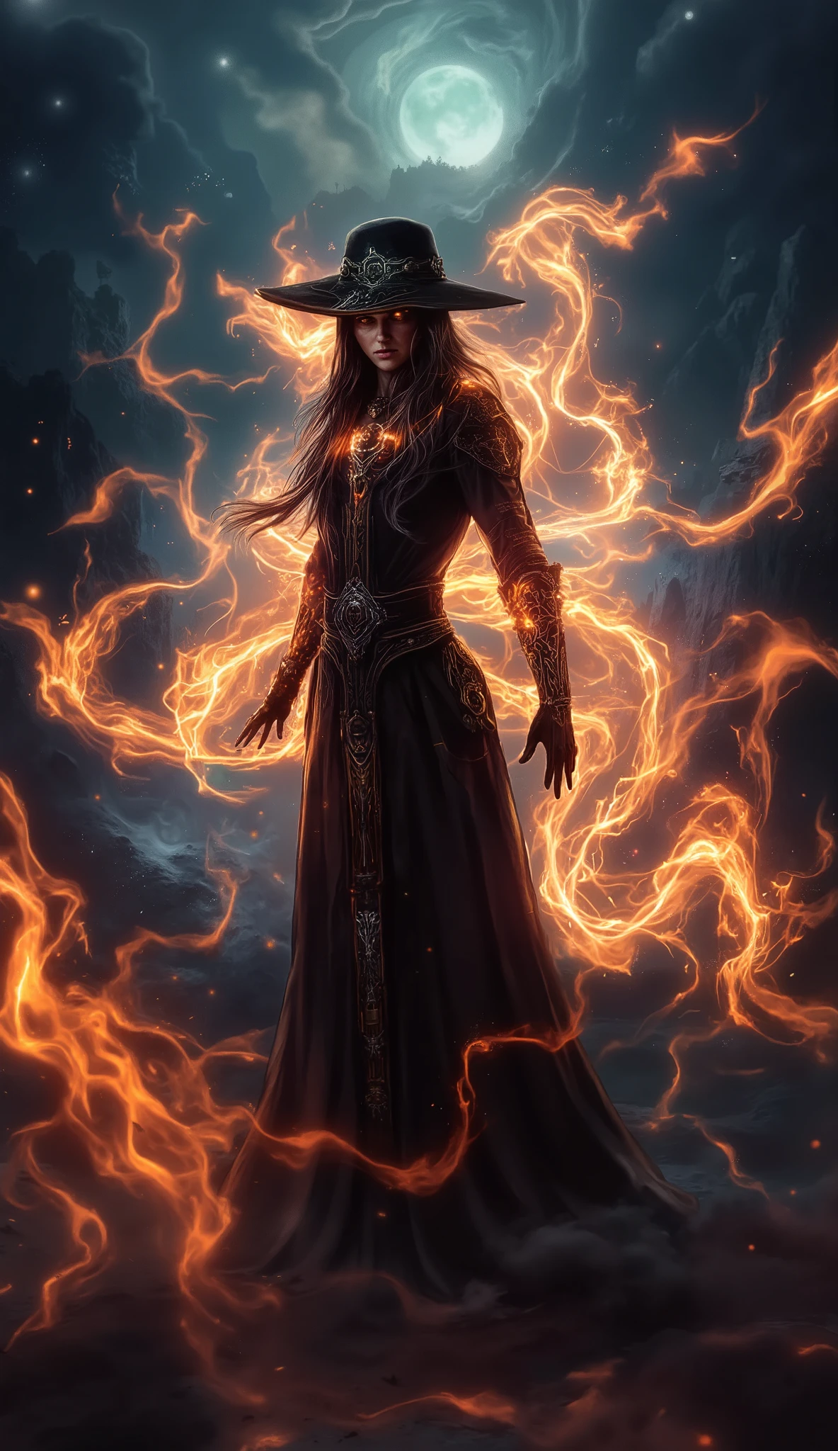 Art, full body shot, a young beautiful female witch, detailed face and eyes, beautiful long hair, alien planet with strange sky, magic spells, sorcery, dark fantasy, intricate detailed background, glowing magical energy, dramatic lighting, sci-fi, (best quality,4k,8k,highres,masterpiece:1.2),ultra-detailed,(realistic,photorealistic,photo-realistic:1.37), aidmafluxpro1.1