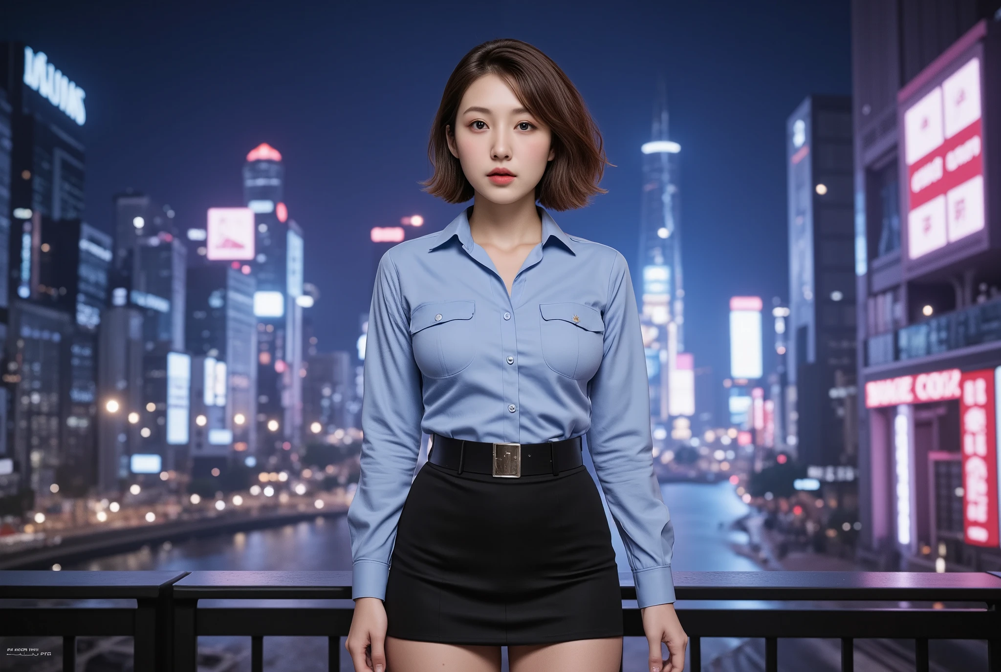 (One female police officer), The ultimate beautiful girl,   hairstyle  ,  detailed eyes ,  double eyelids , Lips Detail,   short brunette hair  , (  light blue fancy blouse ), ( black tight miniskirt ), smile,  thighs thighs thighs thighs,  are standing, (( cowboy shooting)),  allows depth of field,  perfect lighting, ( photorealistic:1.4), ( more details), ( best quality), (Best Shadow), (​masterpiece),   super high resolution,  Background and : (cyberpunk city:1.5), (((night:1.5))),