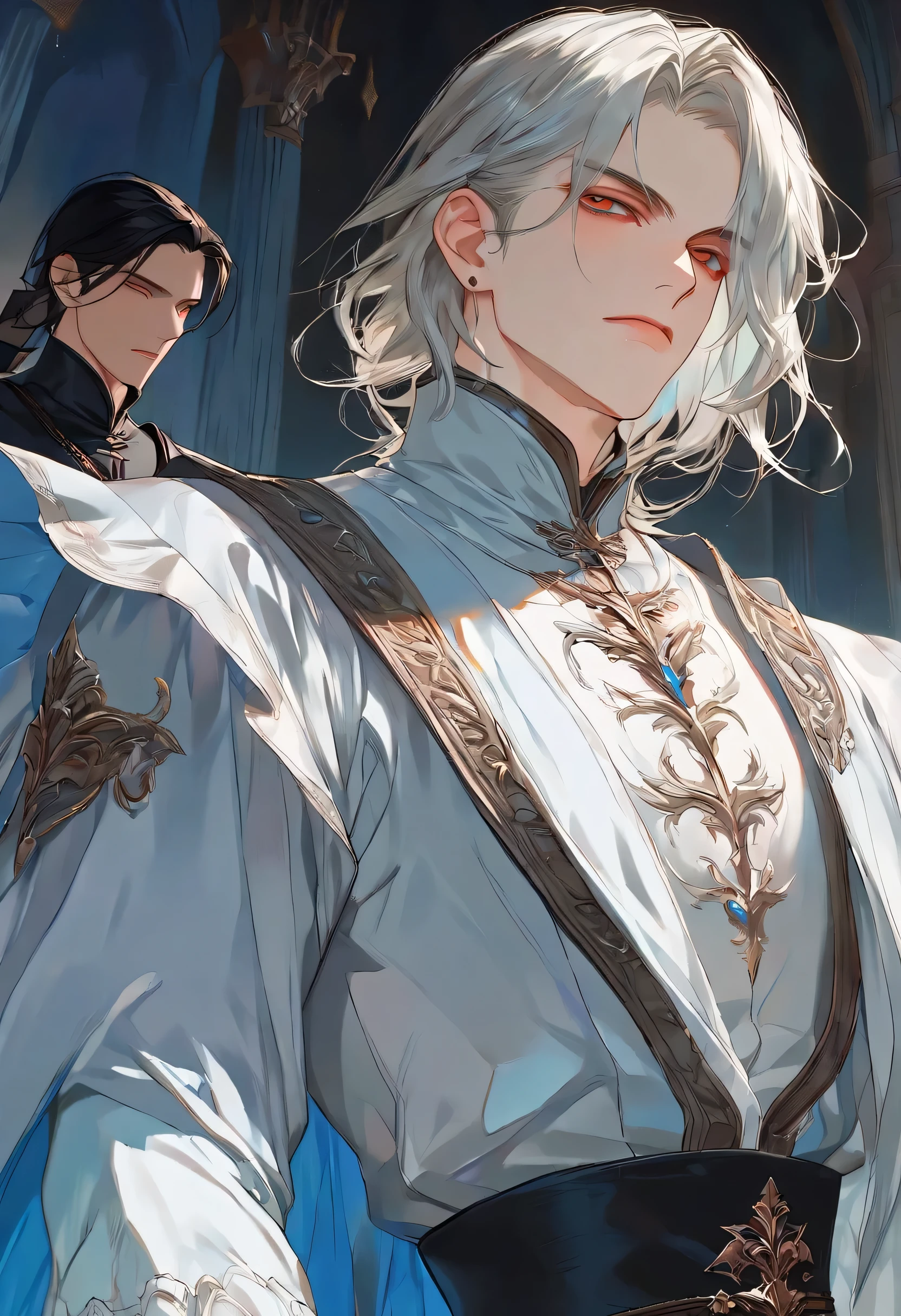 Handsome male, 1male,Man in medieval europe clothes, medieval europe style, Strong shoulder width, human, simple hairstyle, gentleman style,A man in his 30s with shy expression, detailed background, (masterpiece:1.21),(bestquality:1.21),8k,high detailed,ultra-detailed,anime semi-realism, image with a third-person view, highly detailed illustration,  face through torso, solo,physically-based rendering,depth of field,(low saturation:1.3),(1boy;1.4:1.1),a male,silm,Real Skin Texture,White Marble Glowing Skin,model(random_color_clothing:1.45),(random stylish pose action:1.1), (random view shot)