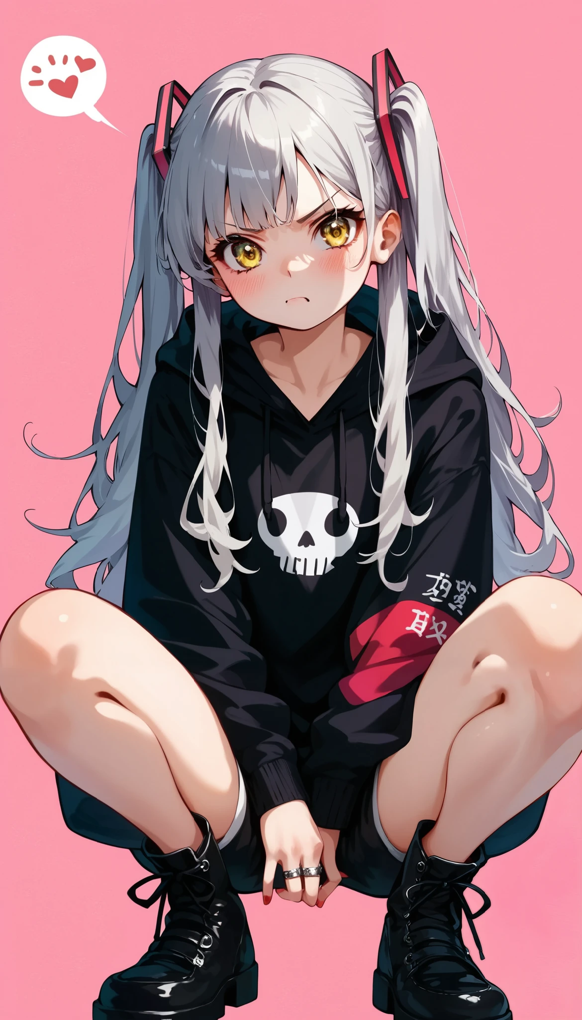 Life from last century 々New photos 、 is present、  best quality、masterpiece、B  pink background. Black and White, Gray Hair , (((pailyellow eyes:1.37))), Super cute girl,  red eyes.  squat,  Gothic Tee  ,  Gothic Shorts  ,  black boots,  tsundere sister  , ring ,  pink background,  Anime Style Art ,  Detailed Illustration  ,  bright color ,  soft writing ,  focused gaze,  Edgy Look  ,  expressive faces  ,  almost time  ,  Eye Catching , ,  Detailed Hair  ,  is present shadows, 8k