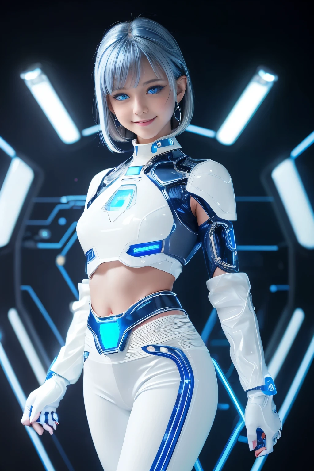 (Highest quality, High resolution, masterpiece:1.2), 非常にdetailed, Realistic:1.37, (Perfect Anatomy),1 girl, Cowboy Shot,Cute and perfectly beautiful Japanese Nogizaka idols, 22-year-old female model、Very cute face,Transform into a cute cyborg,, (blue led eyes:1.2), (detailed: A futuristic white artificial skin body transformed from a leotard:1.3), ,,detailedな接続ライン, Wires and cables connected to the body, cybernetics, cyber punk, Intricate decorative details, The background is the interior of a robotic operating room...,,Monitor screen