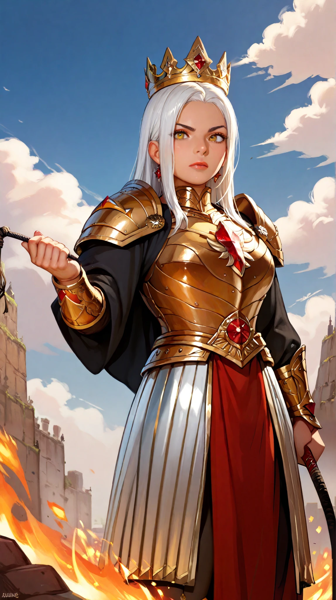 Create a woman of fire, very tall, with white hair, yellow eyes, very beautiful with a sculptural body, wearing golden armor, wearing a golden crown with red stones, fighting face to face against a giant warrior, on a battlefield.Whip Pan 