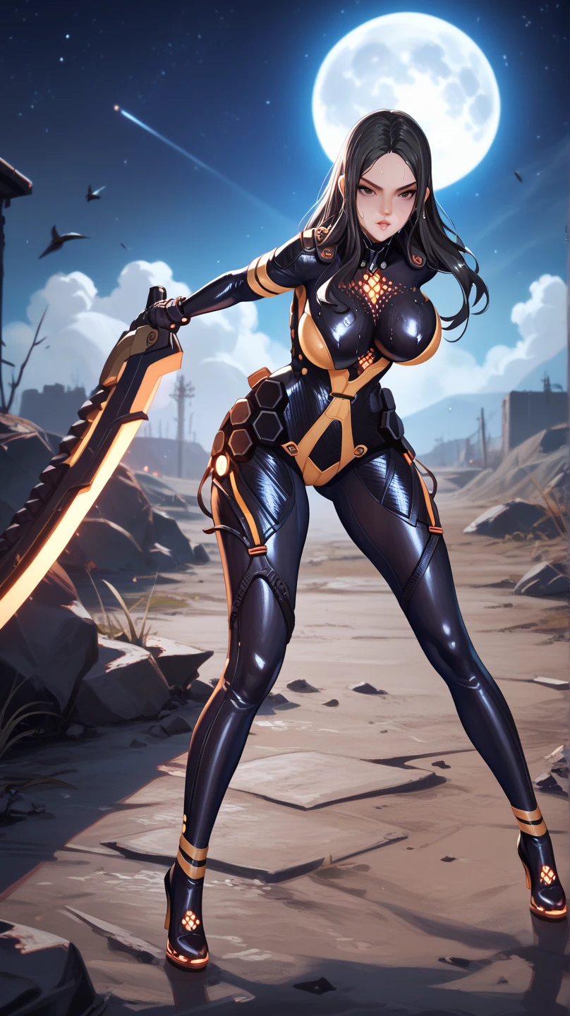 Annerose, 1girl, female mature, black hair, long hair, yellow eyes, large breasts, skin tight, hair intakes, (exquisite character details, beautiful lips, beautiful yellow eyes, beautiful face, beautiful and properly clothed), extremely detail unity 8k wallpaper, (solo:1.5), extremely detail background, stand on the edge of high mountain with day sky view, (bodysuit, fully suited, closed clothes)