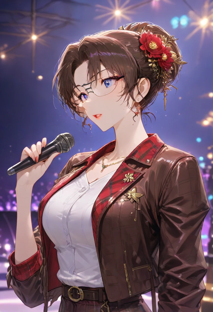 Dana is tall with fair skin, short red hair, and black glasses. She wears a pink sweater during practice and a blue gown in the actual pageant. SPARKLE; GLITTER