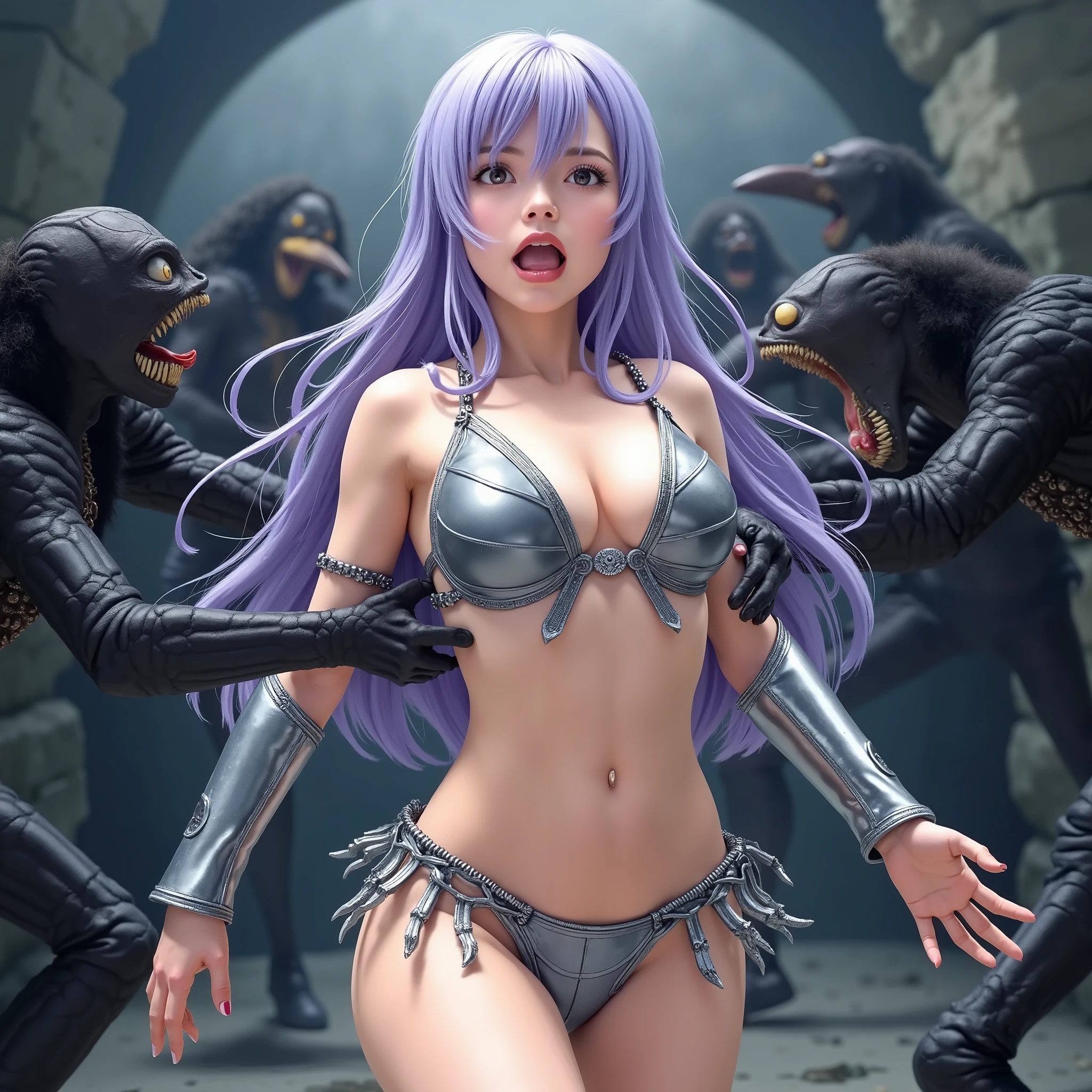 best quality、nsfw、BDSM、 anime style、Battle between Women and Demons 、Woman's Defeat、 Sacrificed Woman 、 Japanese Woman with Long Light Purple Hair (Grown-up、Soft hair、 slim figure、Cry、 frightened expression 、Teary-eyed)、 Broken Silver Armor (Mid-chest、 bikini armor、 sleeveless、 deep v-neck、 belly button out、 thighs exposed、 leg armor)、Resist and Run Away 1:5、 Asking for Help 、 many monsters surround the woman(Black skeleton、 Big Beak 、Sharp Claws)、 Monster Attacking a Woman 、Monster hugging a woman's arms(Stealing Women's Freedom )、Inside a rock cave、nightmare、 Dark Fantasy