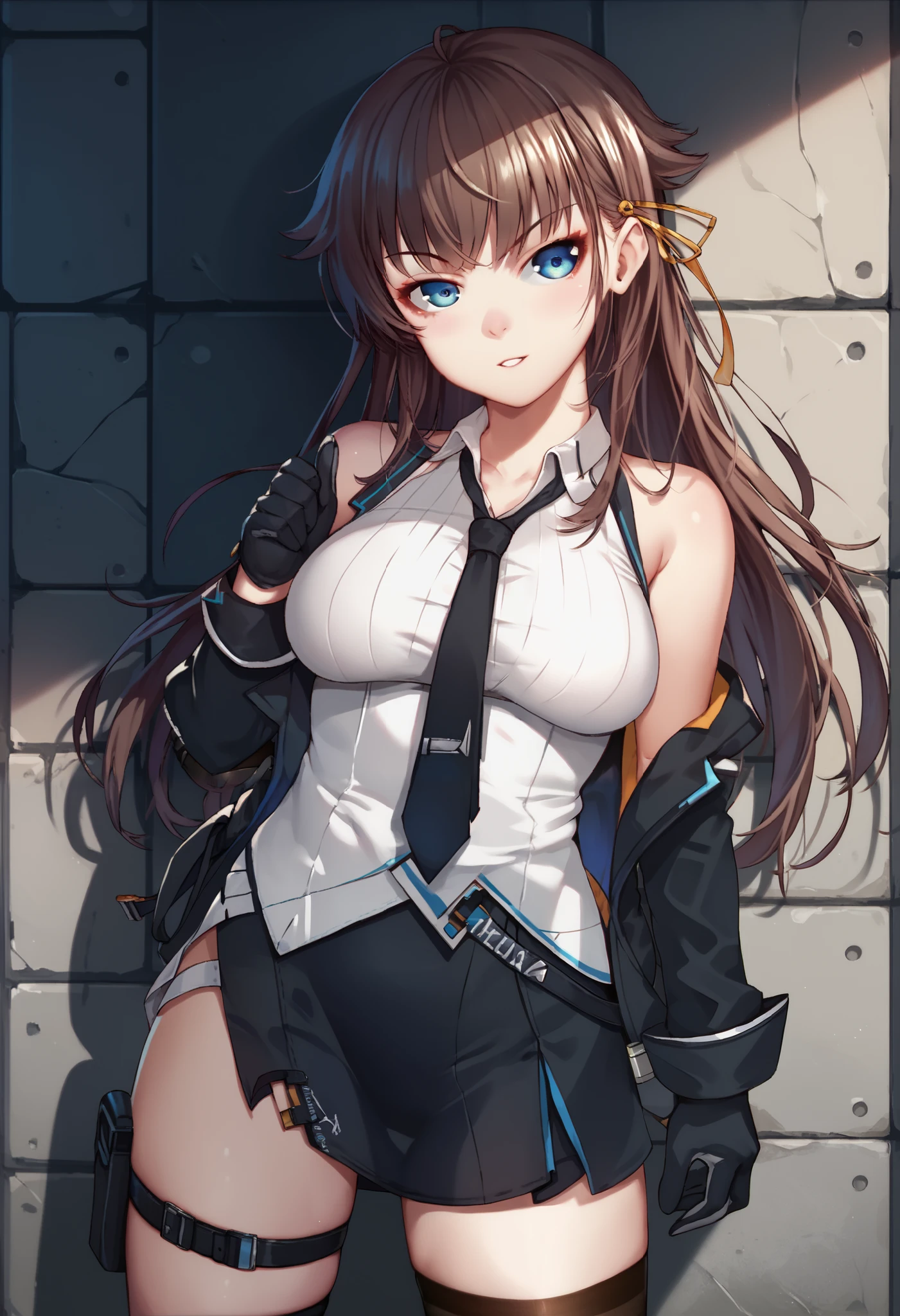 <lora:Independence_v1:1> long hair, brown hair, red eyes, thighhighs, gloves, bare shoulders, ahoge, pleated skirt, hairband, boots, sleeveless, off shoulder, red gloves, blue thighhighs, independence_(azur_lane), jacket, open jacket, def, <lora:flatBG:-0.5> ,<lora:flat2:-0.5> ,<lora:hyperrefiner_v090:1> ,(dark light:1.2),(hyper extreme detailed),(masterpeace:0.5),(hyper extreme),(photorealistic),game cg,llustration,novel illustration,beautiful lighting,light from the front,good_hands,beautiful art ,BREAK