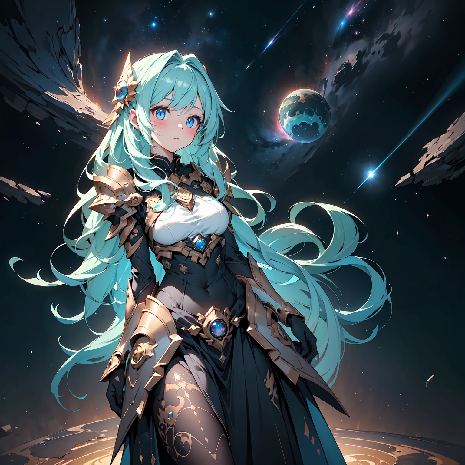 A sexy girl half-elf wizard, dark wizard robe, yellow eyes, bright blue hair colour, milky way galaxy in background,8k, masterpiece, best quality, highly detailed, one girl, half-elf, solo, long straight hair, wearing necklace, gorgeous, friendly, smile,sexy, close ups view, wearing rings, looking at straight, alone, watching stars,