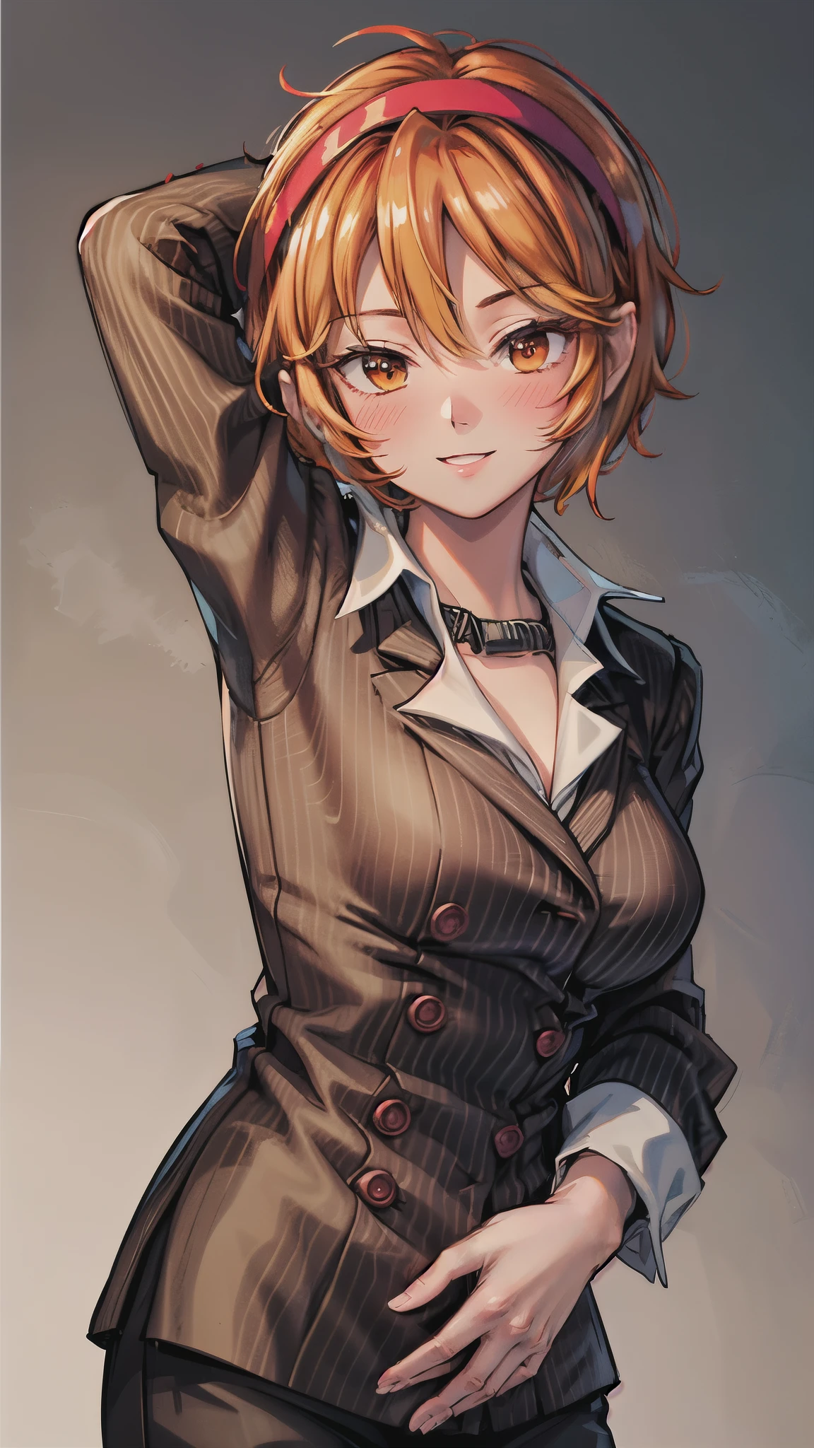 ( Super high quality, super high resolution,16k,super masterpiece,Ultra HD , detailed shading and background,)Upper body shot,Sexy woman, orange short hair, red headband , Sexy White Shirt ,black suit and pants with striped pattern,smile,blush,Open your lips a little, hold your hair with one hand,