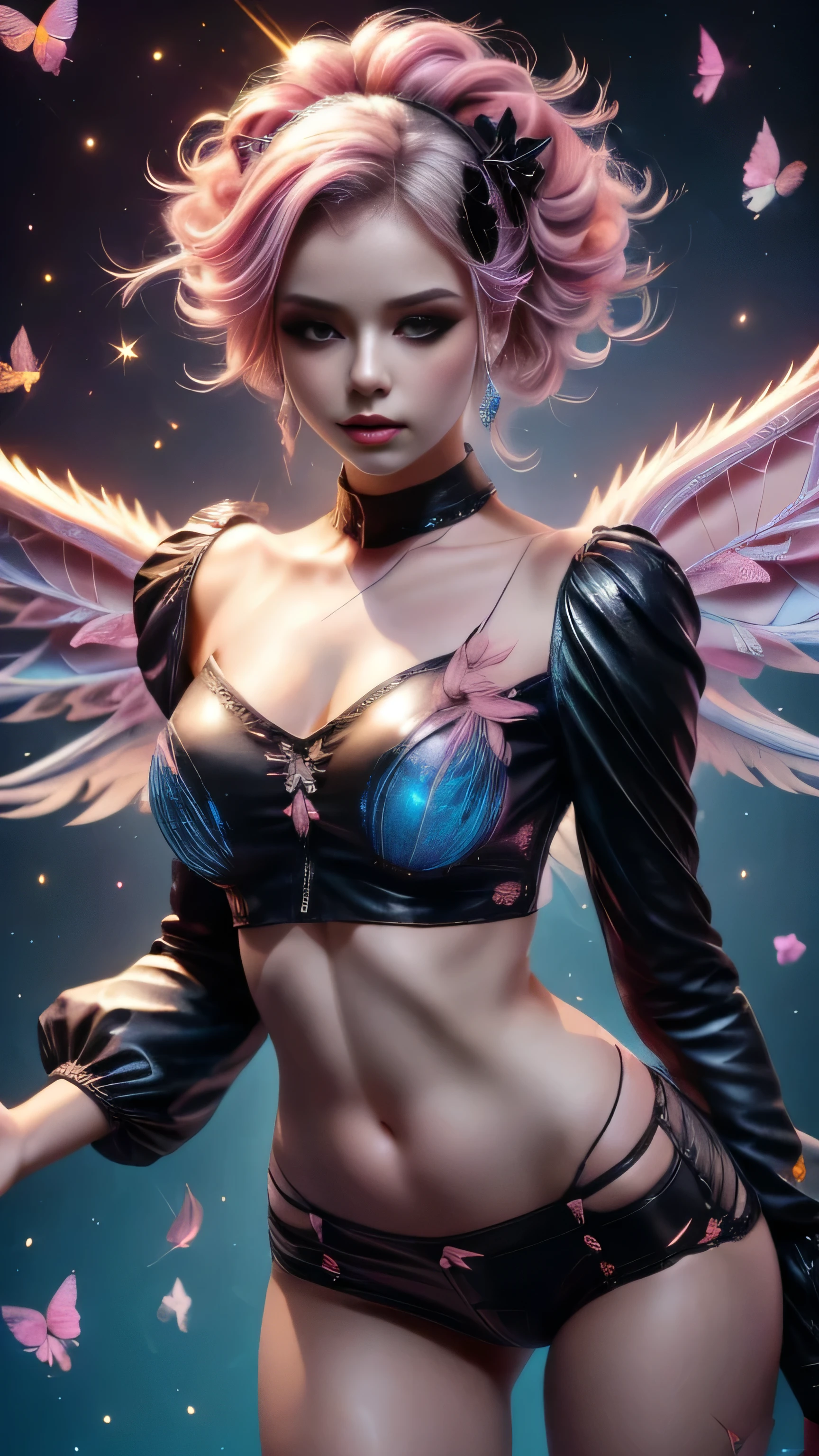 shimmering, sparkling, airbrushed gothic beauty with long black and pink hair in flowing waves, blue eyes,  full slim skinny gothic cat girl body, ragged black and pink fluffy wings extending behind her crouching figure, her outfit consists of a pink long-sleeved top with the words "No More Flying" on it, ripped black jeans, pink leather boots, a mottled pink and black background with fluttering feathers, fantastic realism sparkles with unearthly magic