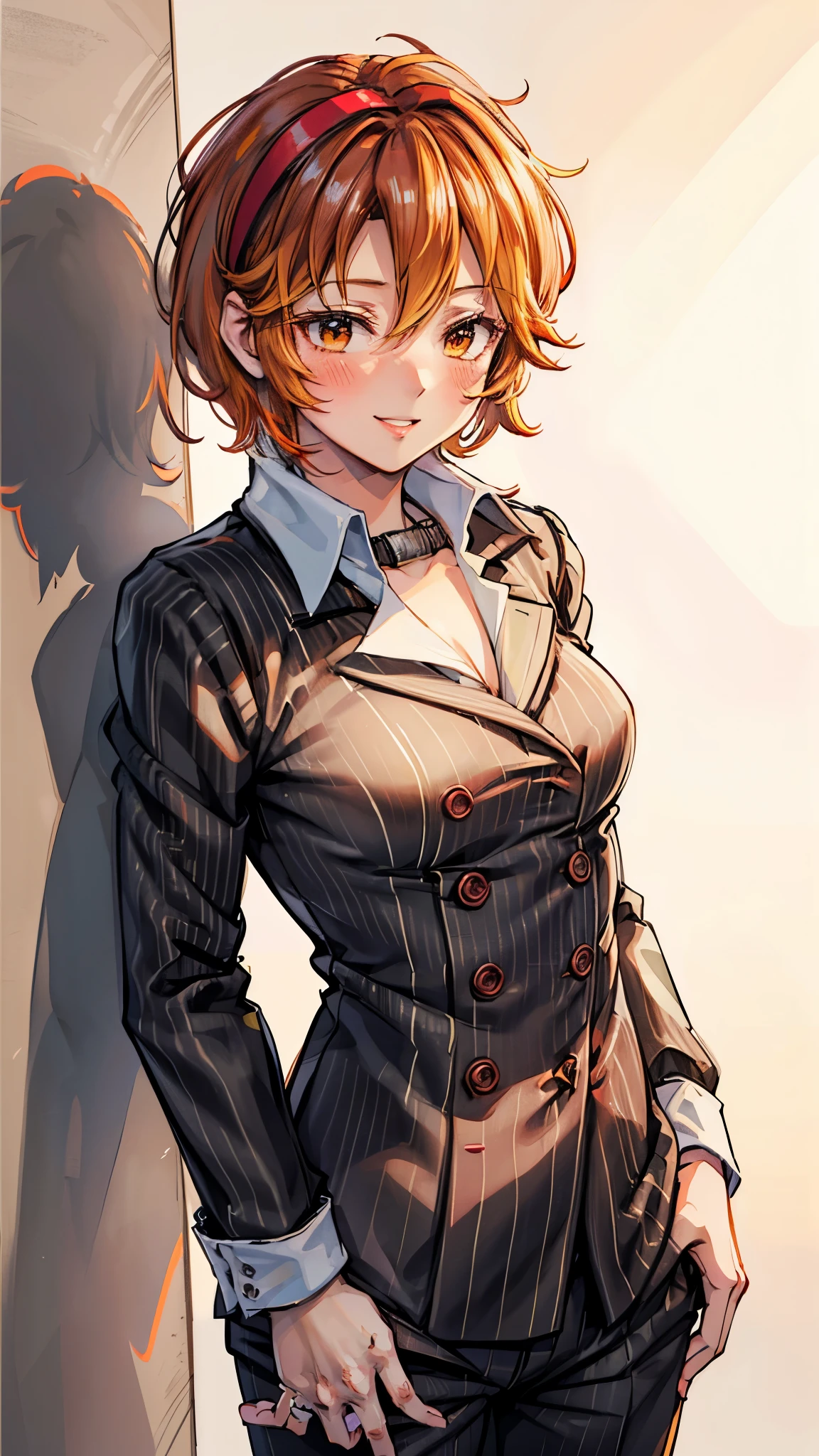 （ Super high quality, super high resolution,16k,super masterpiece,Ultra HD , detailed shading and background,）Upper body shot,Sexy woman, orange short hair, red headband , Sexy White Shirt ,black suit and pants with striped pattern,smile,blush,Open your lips a little, forward slouching position,