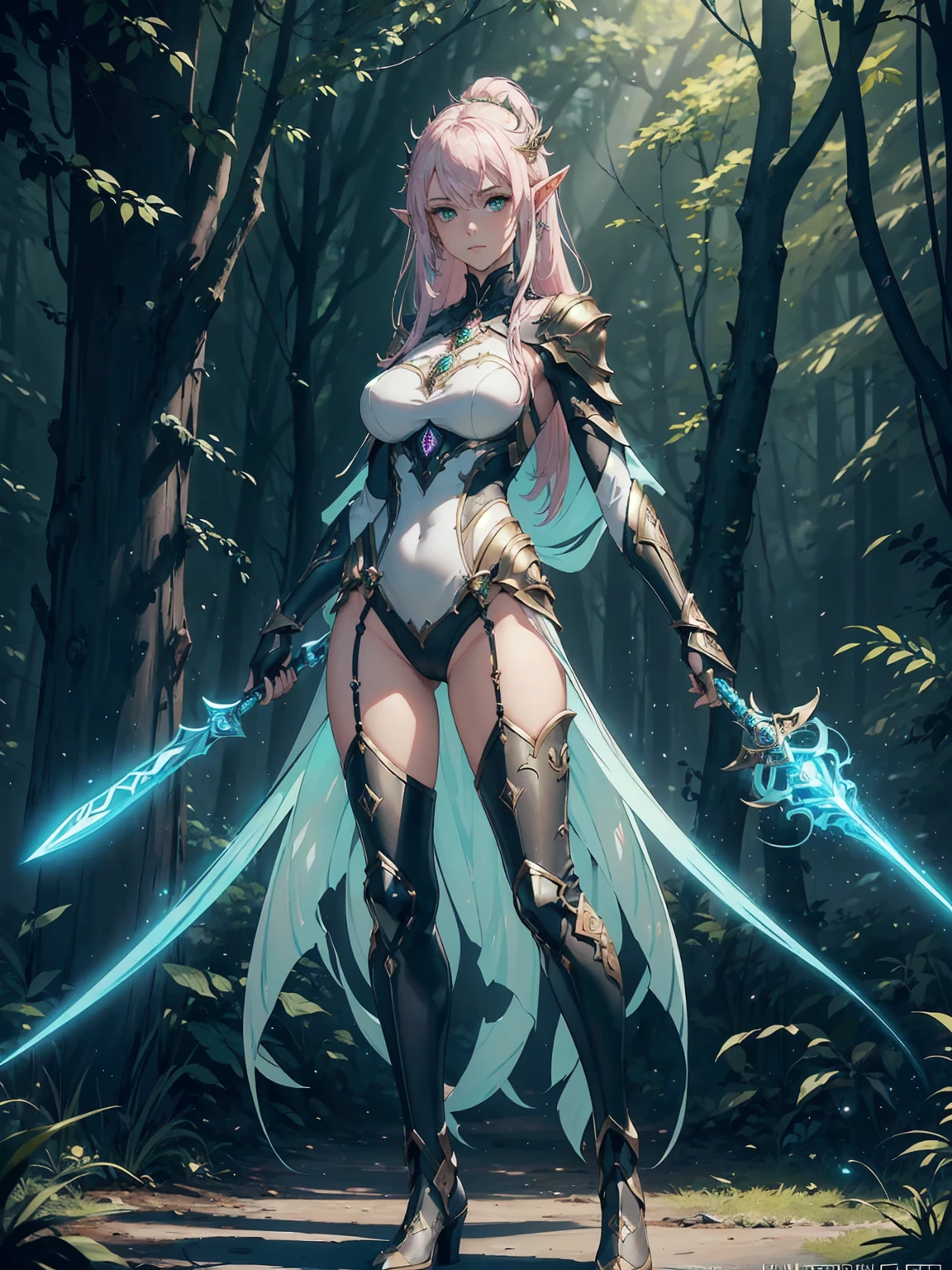(((Masterpiece, best quality, high detailed, 8k))) Design a layout showcase Gaming character, (1girl). Light pink hair, green eyes, wearing a futuristic armor, wielding an empowering spear. (masterpiece:1.2), (best quality), ultra-detailed. (Step by step design, layout art:1.5), (luminous lighting, atmospheric lighting). Majestic elf in a magnificent forest with beautiful lighting. ((glove full hands)), intricate vambraces, high-tech legwear, (((full_body_shot:1.4))). The elf stands gracefully amidst ancient, towering trees, their leaves shimmering with a magical glow. The futuristic armor, a blend of sleek metal and glowing energy lines, contrasts beautifully with the natural surroundings. Her light pink hair flows softly around her, framing her elegant face with piercing green eyes that radiate wisdom and strength. The empowering spear she holds is adorned with mystical runes and a radiant crystal at its tip, pulsing with an ethereal light. She exudes an aura of power and serenity, perfectly harmonized with the enchanting beauty of the forest around her. Art style inspired by Artgerm, Kawacy, and Wadim Kashin.