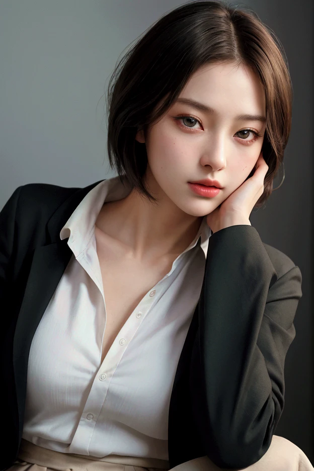 ((4k)),((masterpiece)),(best quality),((ultra detailed)), ((realistic)), (medium bob Hair),((cinematic lighting)), depth of field, (dynamic angle),((beautiful detailed eyes), ((dynamic pose)), pretty face, red lip, large boobs, ((detail face)), cleavage, ((office suit:)),