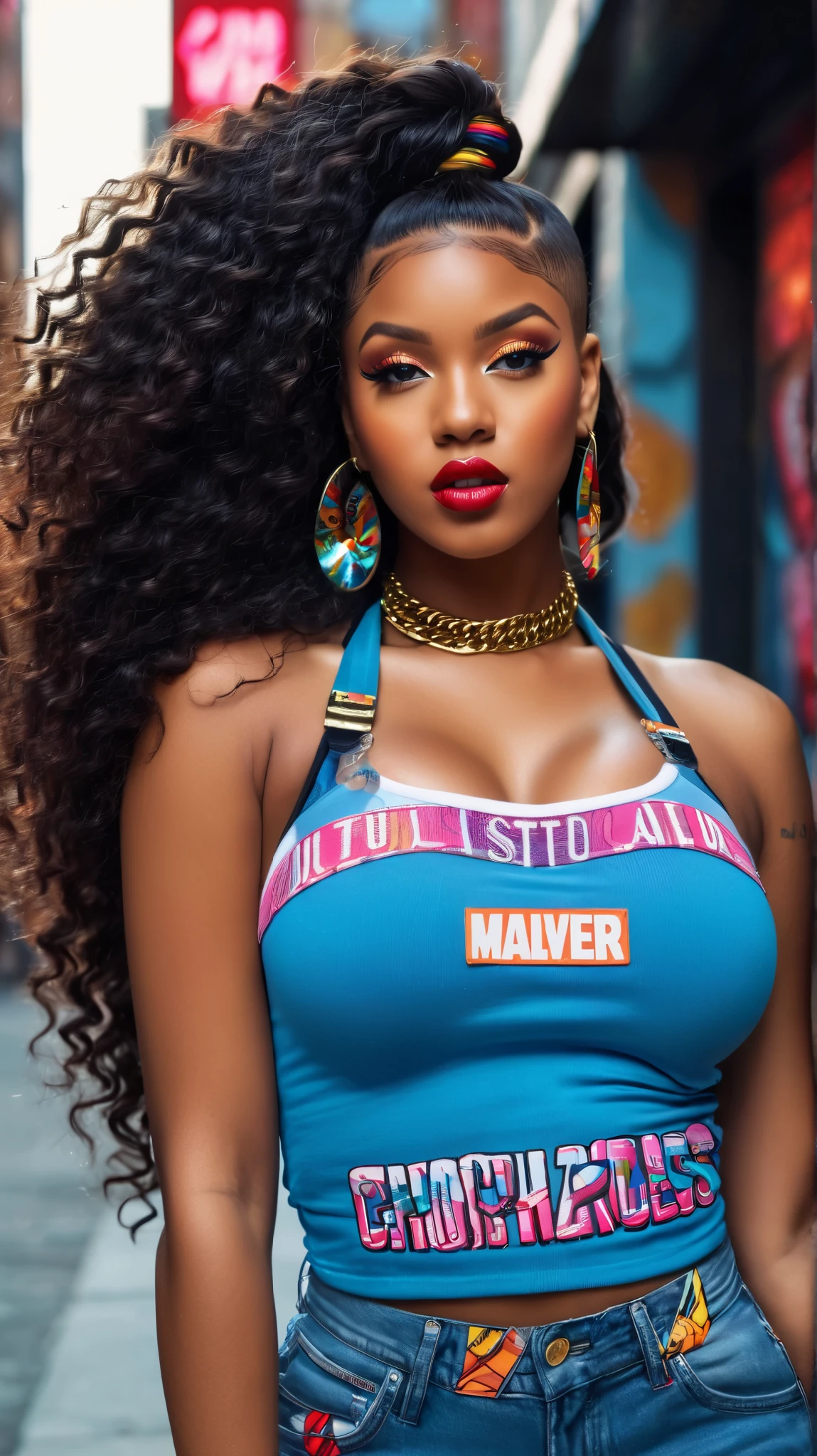 a beautiful biracial woman, blue hair, light blue eyes, large breasts, extremely detailed face , sunset, on a balcony, drink in the hand, bite her own lips, Plan Américain, 