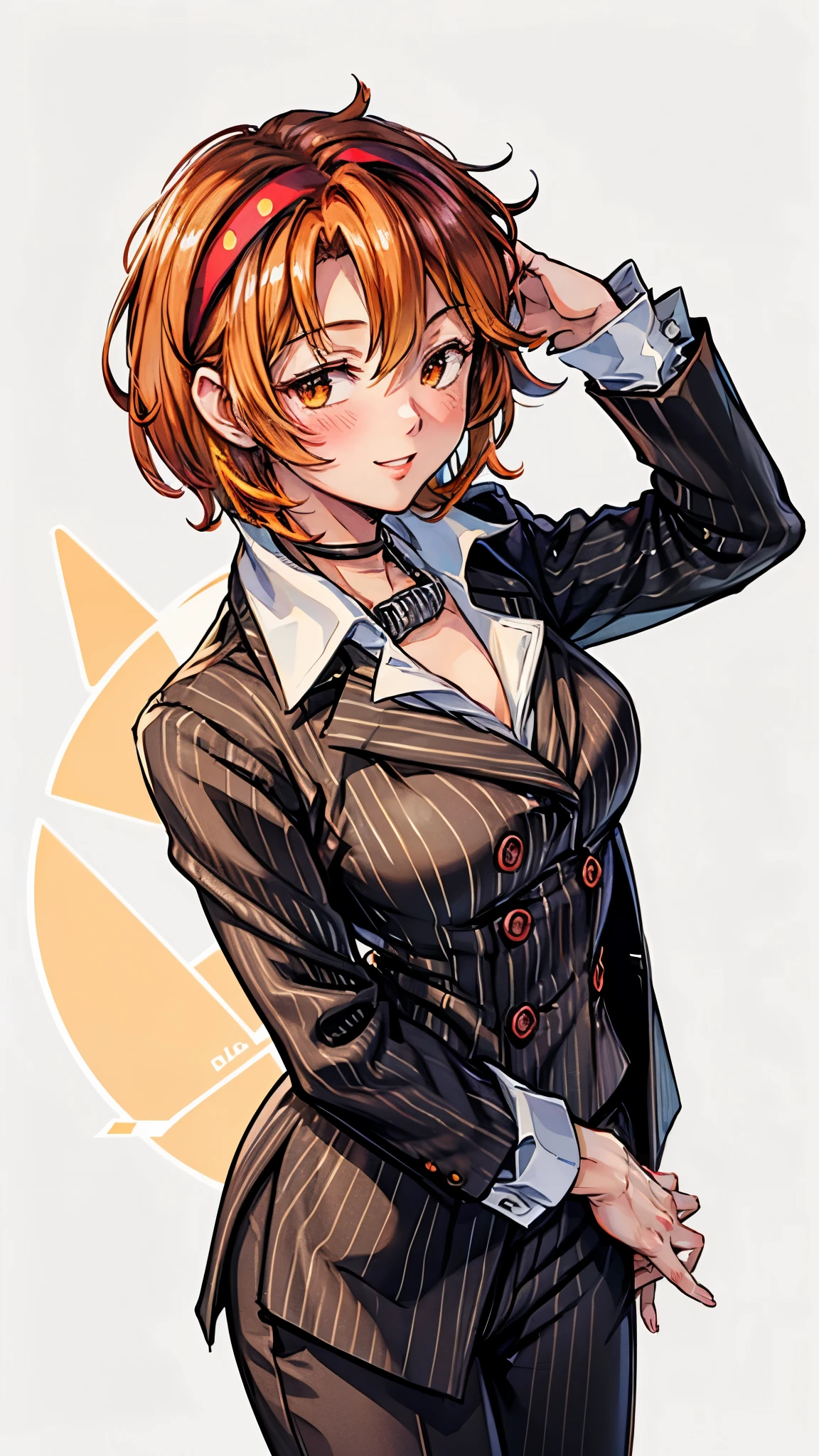 （ Super high quality, super high resolution,16k,super masterpiece,Ultra HD , detailed shading and background,）Upper body shot,Sexy woman, orange short hair, red headband , Sexy White Shirt ,black suit and pants with striped pattern,smile,blush,Open your lips a little,Leaning forward greatly,
