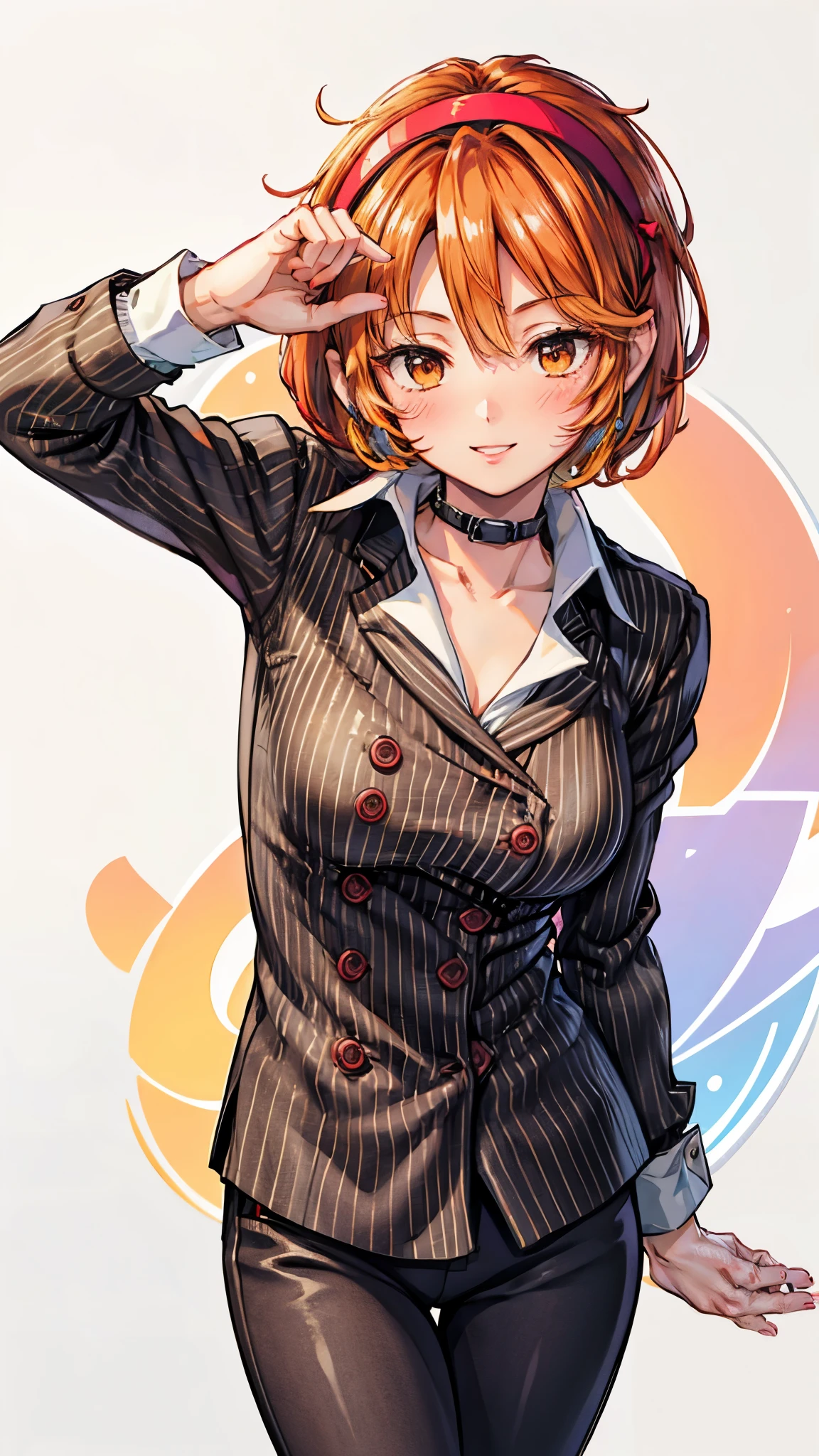 ( Super high quality, super high resolution,16k,super masterpiece,Ultra HD , detailed shading and background,)Upper body shot,Sexy woman, orange short hair, red headband , Sexy White Shirt ,black suit and pants with striped pattern,smile,blush,Open your lips a little,Leaning forward greatly,