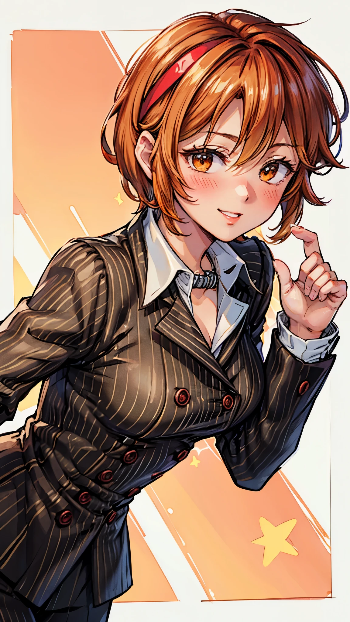 （ Super high quality, super high resolution,16k,super masterpiece,Ultra HD , detailed shading and background,）Upper body shot,Sexy woman, orange short hair, red headband , Sexy White Shirt ,black suit and pants with striped pattern,smile,blush,Open your lips a little,Leaning forward greatly,