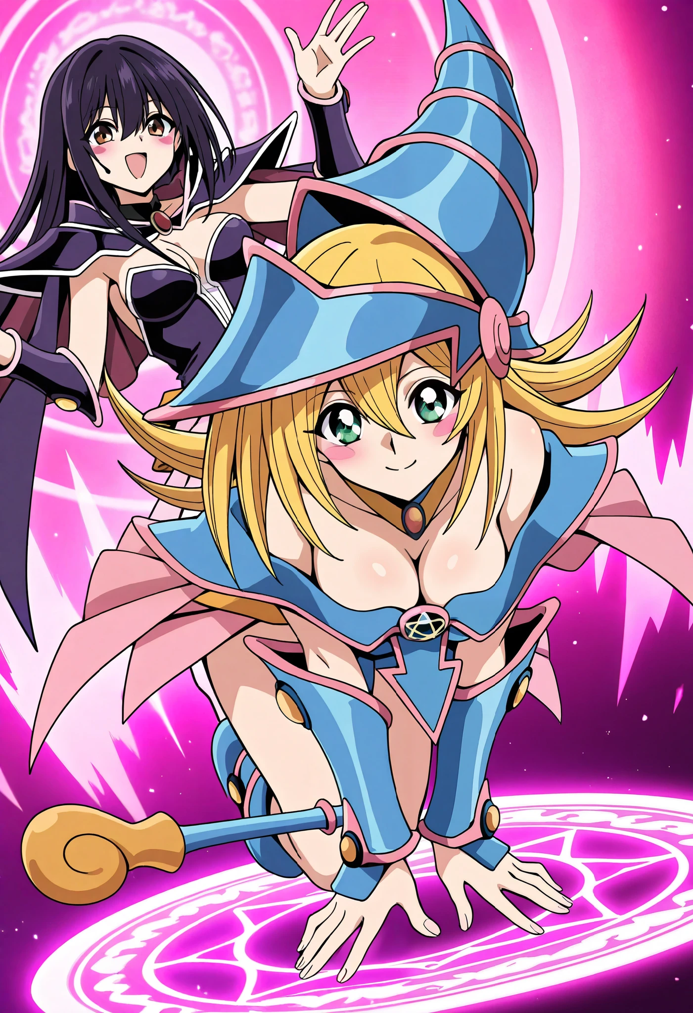 Black Magician Girl,smile,orgasms,Estrus season,Female face,on all fours,Medium breasts,blonde hair,magic circle,8K, 4k, highest quality, High resolution: 1.2),cute anime face、Pink blush on cheeks、noise removal、Leotard that bites into、have a cane、Hold your cane、