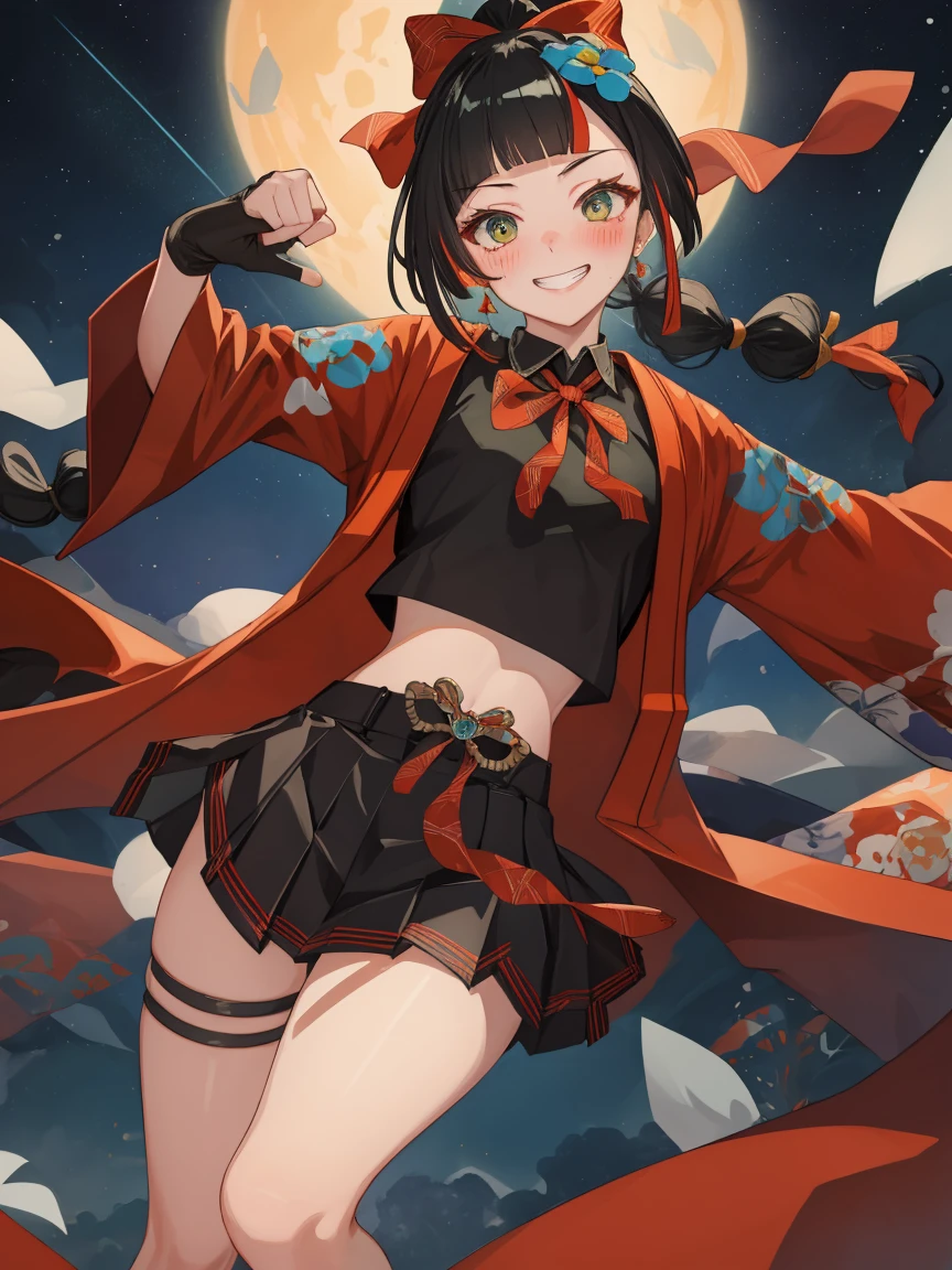 ((((High resolution, Intricate details, masterpiece, 8k, from front)))), (((beautiful, leotard, tights, loafers, full body))), ((One Woman, smile, Red cheeks, slender)), (Black Hair, Beautiful forehead, Long Hair, ponytail, Big ribbon, Glowing Skin), from front, looking at viewer, look at viewer,