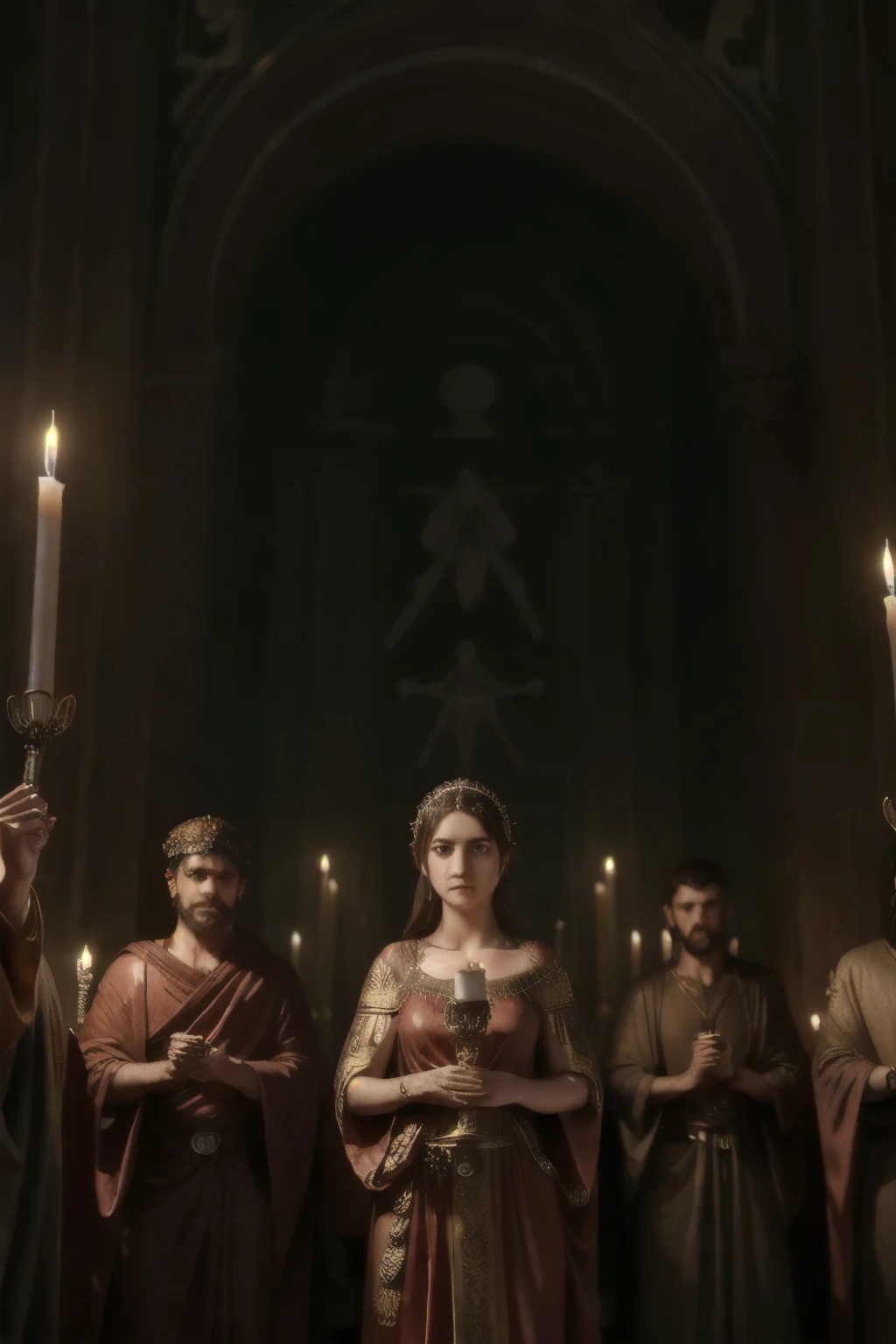 a detailed ritual scene of an ancient pagan rite in ancient rome, intricate roman architecture, ornate decorations, candles,torches,ancient roman toga clothing,detailed faces,dramatic lighting,moody atmosphere,cinematic composition,dark and mystical,rich colors,highly detailed,photorealistic,award winning digital art