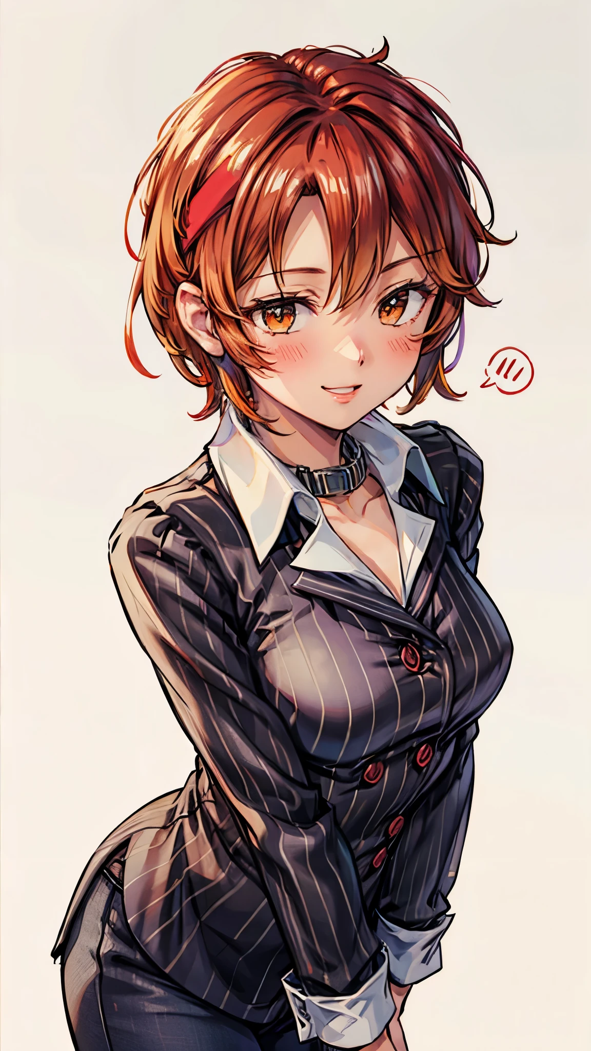 ( Super high quality, super high resolution,16k,super masterpiece,Ultra HD , detailed shading and background,)Upper body shot,Sexy woman, orange short hair, red headband , Sexy White Shirt ,black suit and pants with striped pattern,smile,blush,Open your lips a little,Leaning forward greatly,