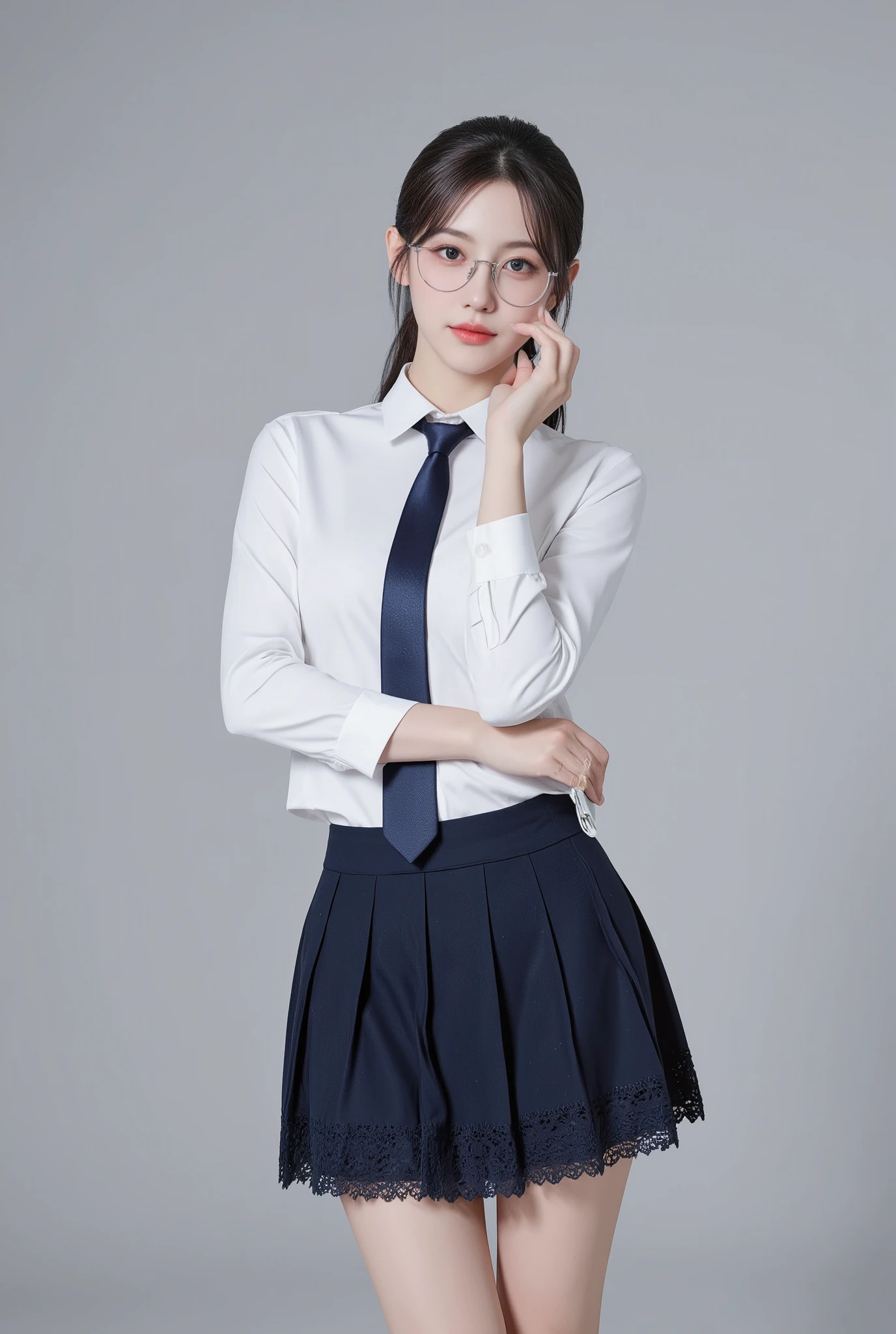 Masterpiece, best quality, 8k, highly detailed, (full figure composition), realistic, exquisite facial features, perfect face, shiny skin, female, solo, light smile. ((Irene)), an 18-year-old with an oval-shaped face, stands gracefully in a well-lit studio. Her gunmetal gray hair is styled in a sleek ponytail, with soft strands elegantly framing her face. She wears sophisticated silver glasses, accentuating her expressive eyes and flawless skin.Her posture is dynamic yet natural: Irene's body is slightly angled toward the camera, with one leg subtly forward, emphasizing her elegant stance. One hand lightly adjusts her glasses while the other rests against her hip, holding a slim notebook. This pose captures her scholarly demeanor and adds a touch of movement and realism. Irene is dressed in a perfectly tailored school uniform—a crisp white shirt, a navy-blue tie, and a (short pleated navy skirt:1.4), lace trim, The pleats of the mini skirt and her neatly pressed shirt highlight attention to detail. The full-figure composition showcases her entire outfit and pose while maintaining focus on her facial features. Studio lighting is soft and diffused, with a subtle backlight creating dimension, enhancing the sheen of her hair, and giving her a gentle halo effect. The gradient background remains neutral, ensuring Irene’s form and pose are the central focus., optimized for a polished and professional full-body portrait.